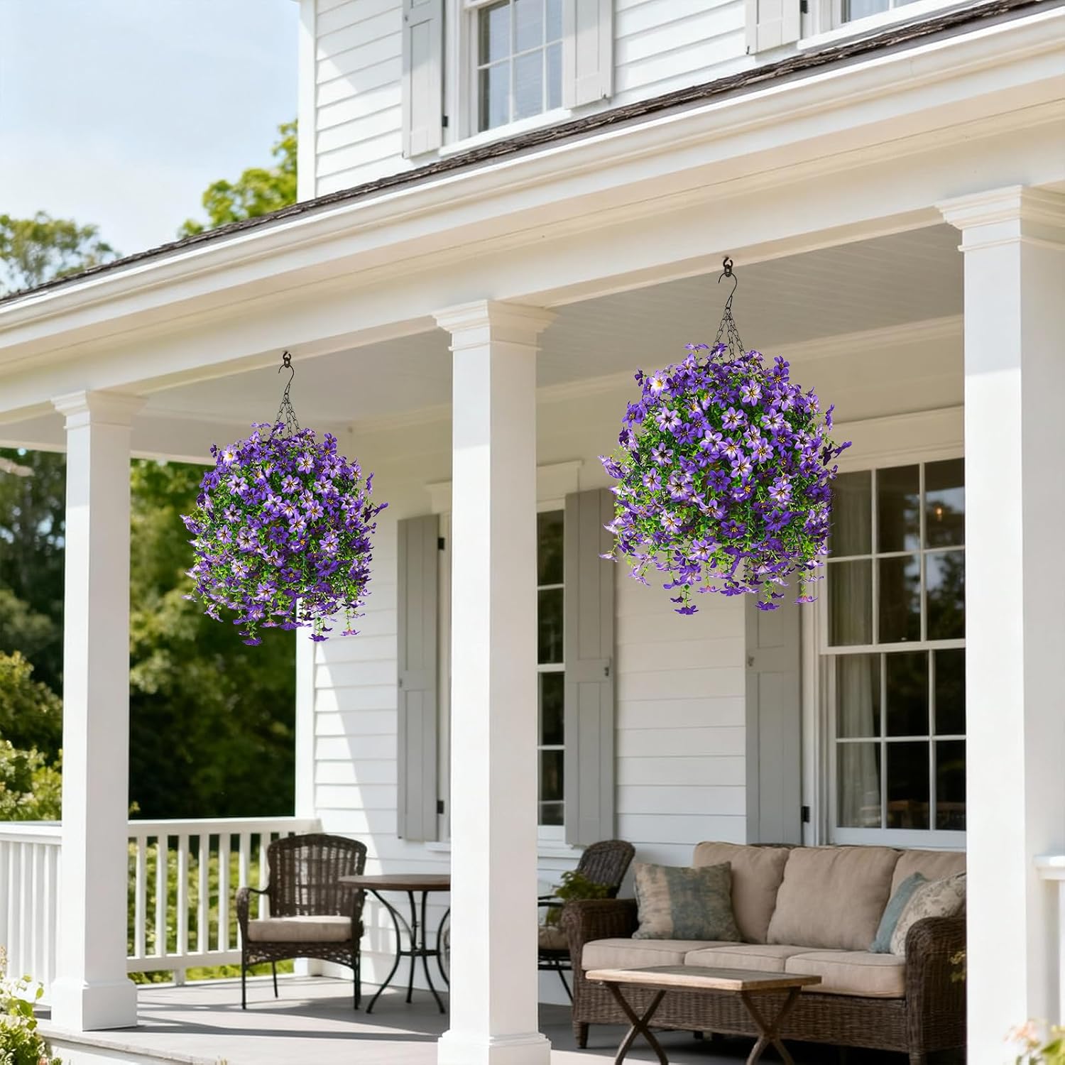 Artificial Faux Hanging Flowers Plants Baskets for Outdoors Fake 3 Bundles Silk in Planter UV Resistant for Porch Patio Balcony Garden Yard Home Decor (3Pcs Purple,1Pcs Hanging Basket)