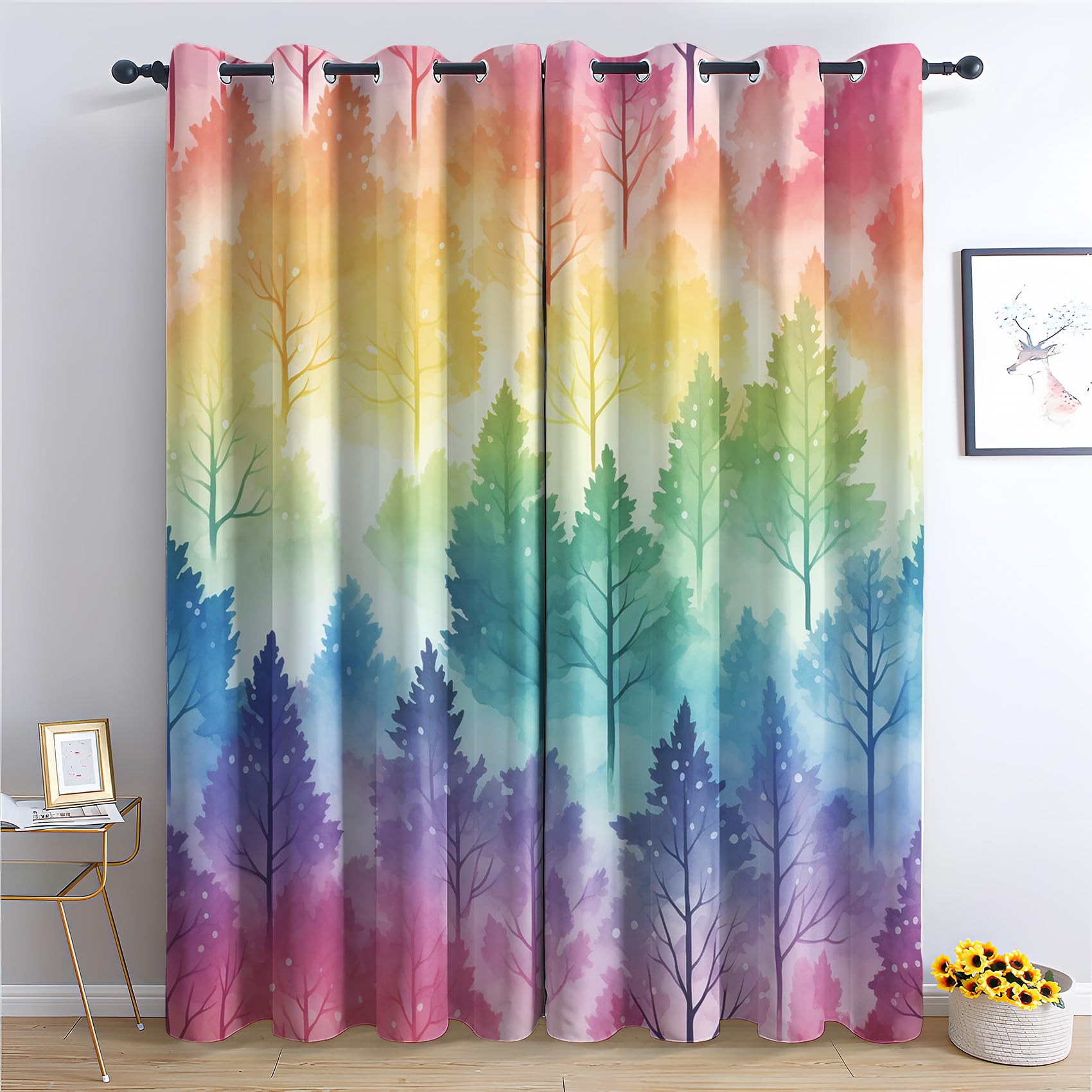 Rainbow Curtains for Bedroom Living Room - Girls Colourful Tree Blackout Curtains 46 x 90 Inch (Width x Drop), Thermal Insulated Eyelet Curtains & Drapes, Decorative Patterned Window Treatments Q-&180