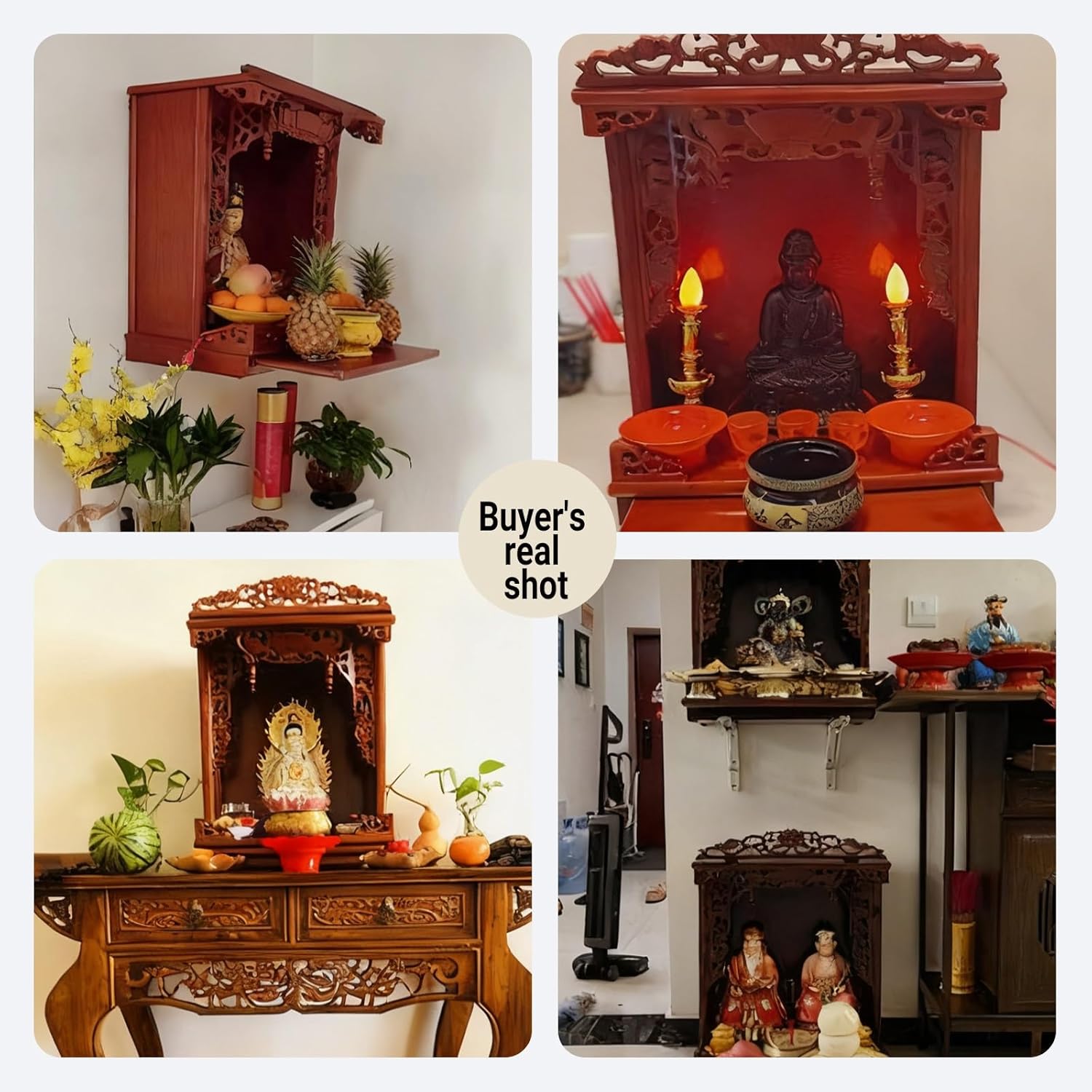 Wall mounted/desktop wood buddhist altar，Guan Gong Guanyin Pooja Statue Display Cabinet，Household Shrine Meditation Table, with Drawer for Pooja and Incense Tribute(Black Walnut,46cm/18.1in)