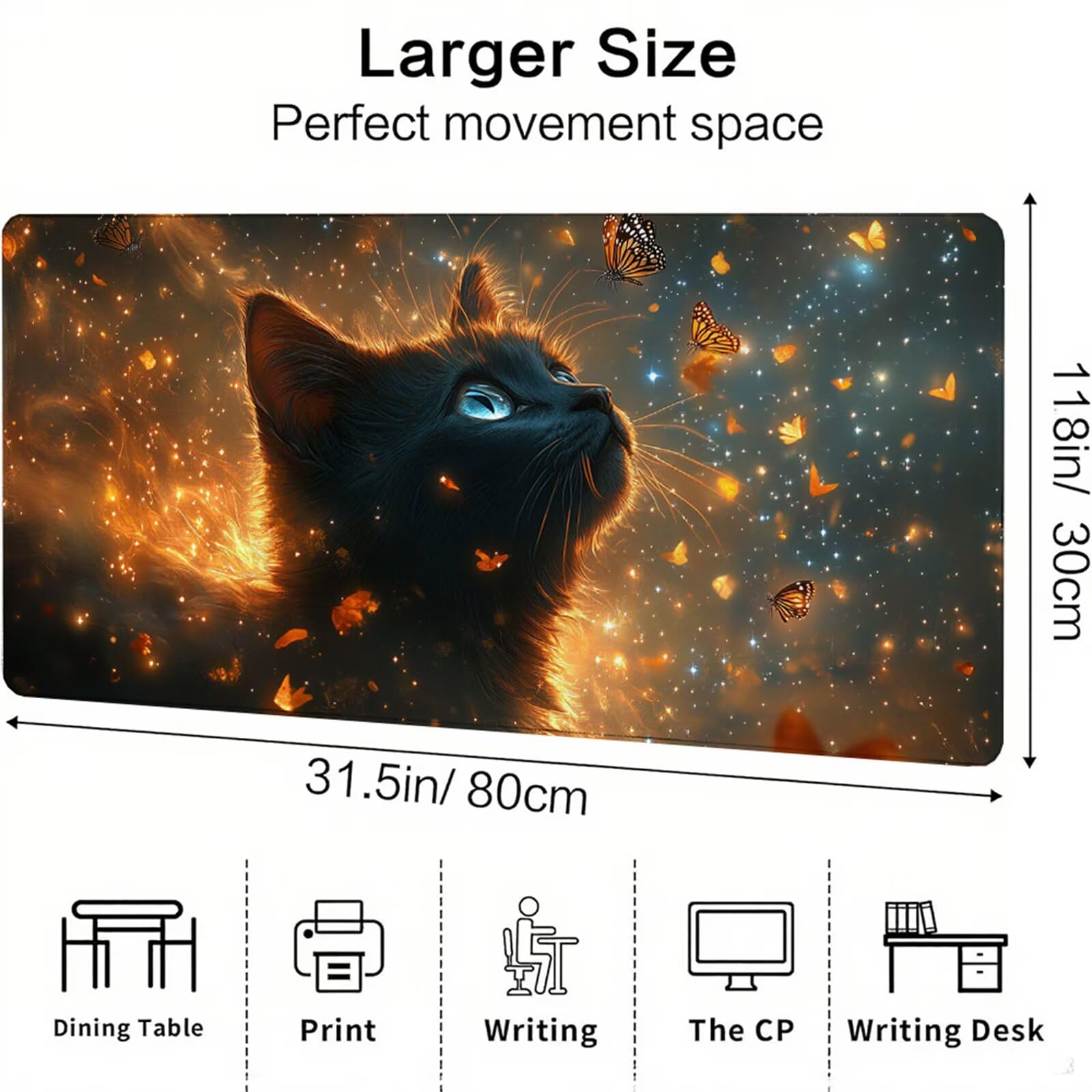 Czarna podkładka pod mysz XXL 1500 x 800 x 3 mm kot pod ręką akcesoria na biurko antypoślizgowa gumowa podstawa i szyte krawędzie podkładka pod mysz dla graczy do biura deco, prezenty dla mężczyzn