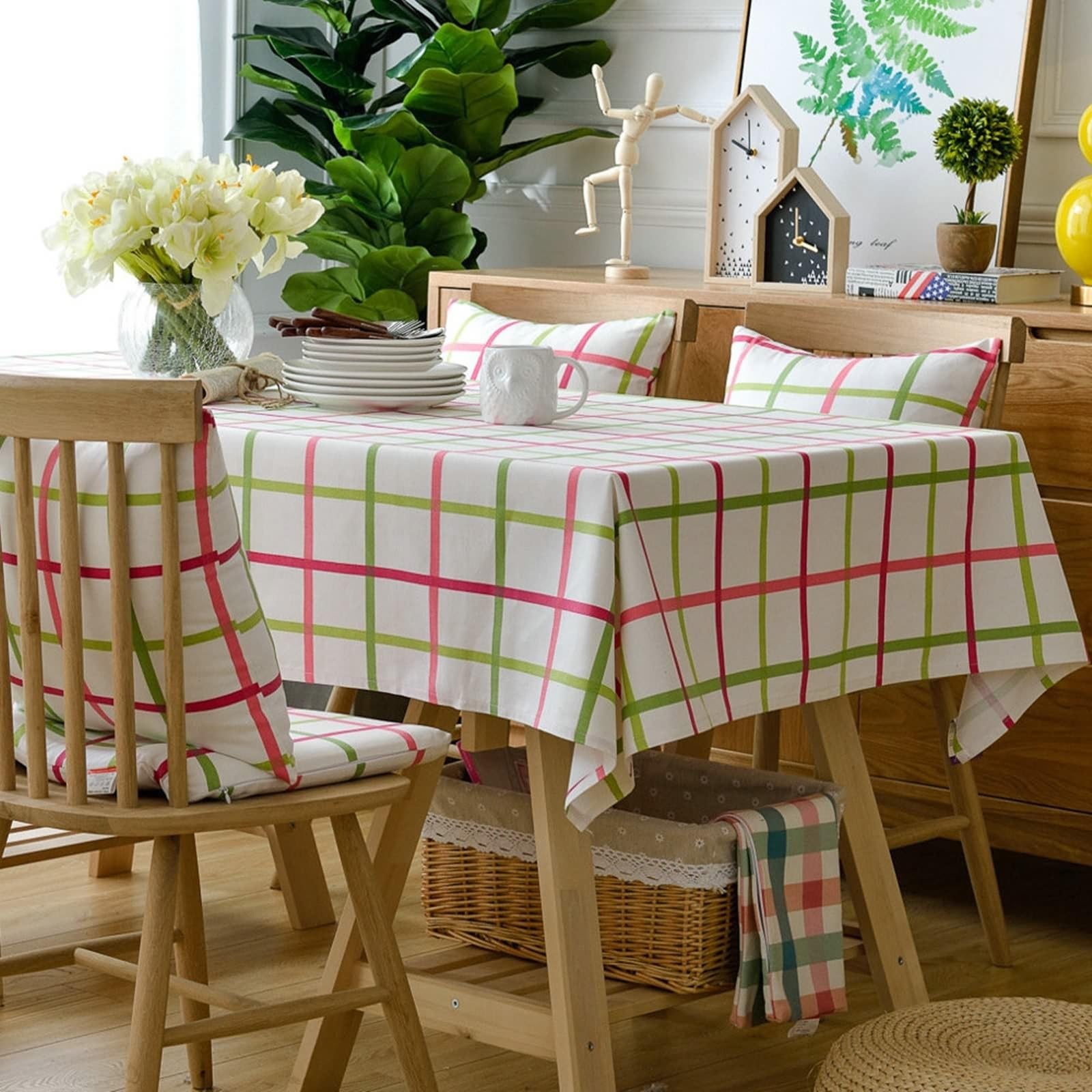 Tischdecke Abwaschbar 135X200CM, Baumwolle Tablecloth Quadratisches Gitter Rot Grün Tischdecke Rechteck