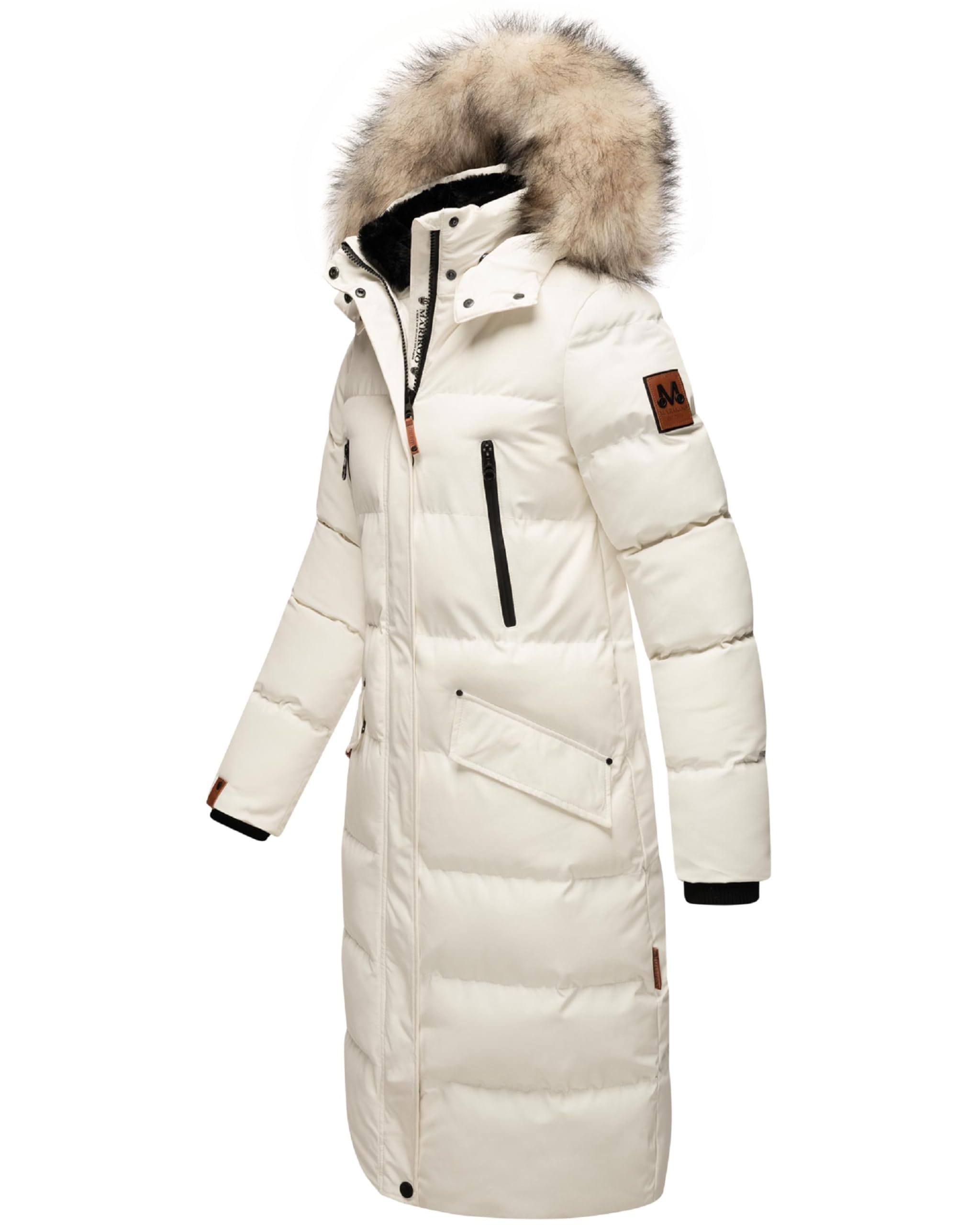 MARIKOO Damen Wintermantel warmer Steppmantel lang mit abnehmbarem Kunstfell und Kapuze Schneesternchen XS-XXL
