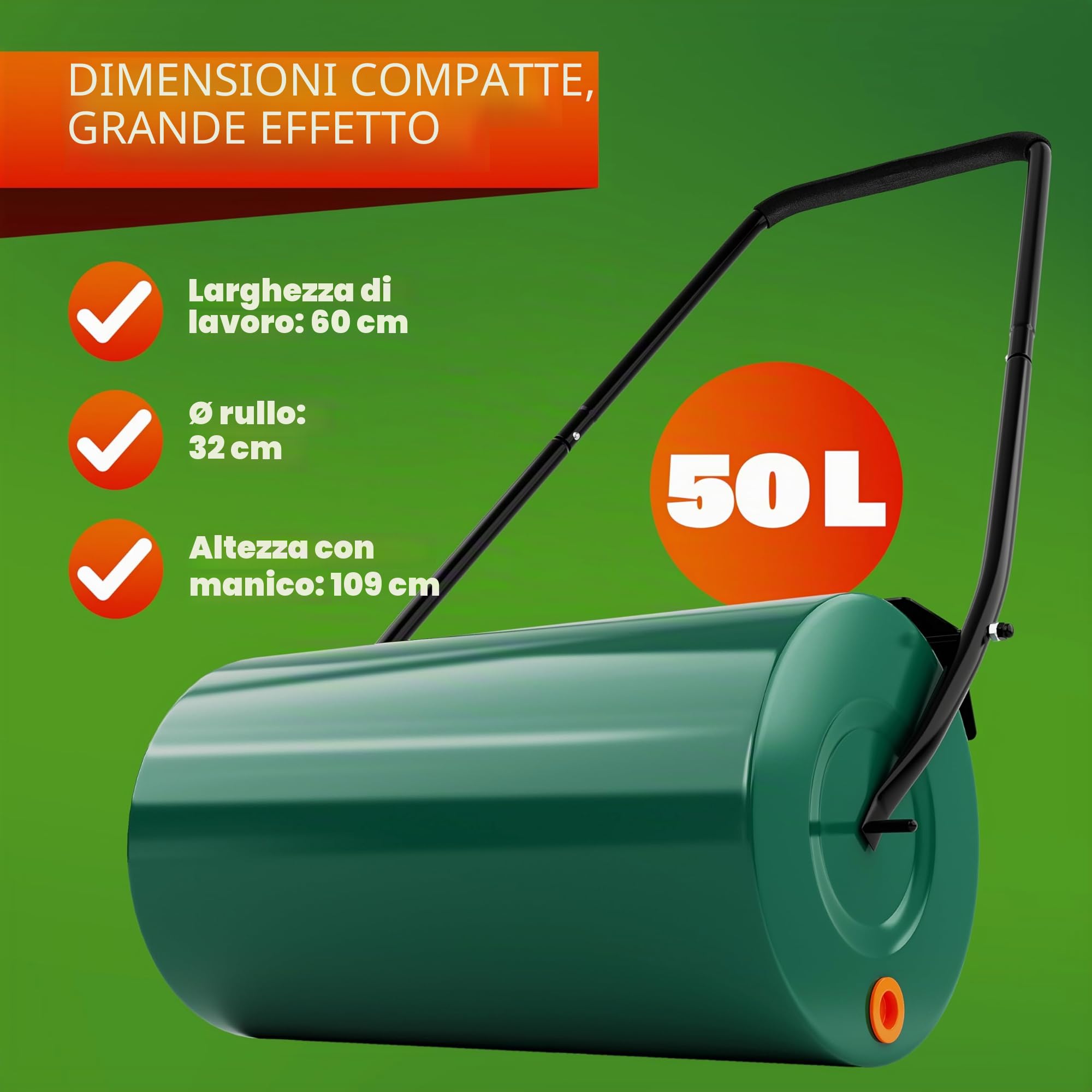 Gardebruk Rullo da Giardino 60 cm Ø32 Capacità 50 L Apertura Laterale Livellare Prato