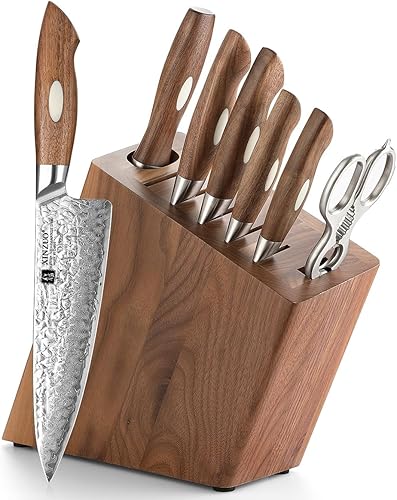 XINZUO Juego de cuchillos de cocina de Damasco de 8 piezas con bloque y afilador, juego de cuchillos de chef profesionales japoneses AUS-10 con