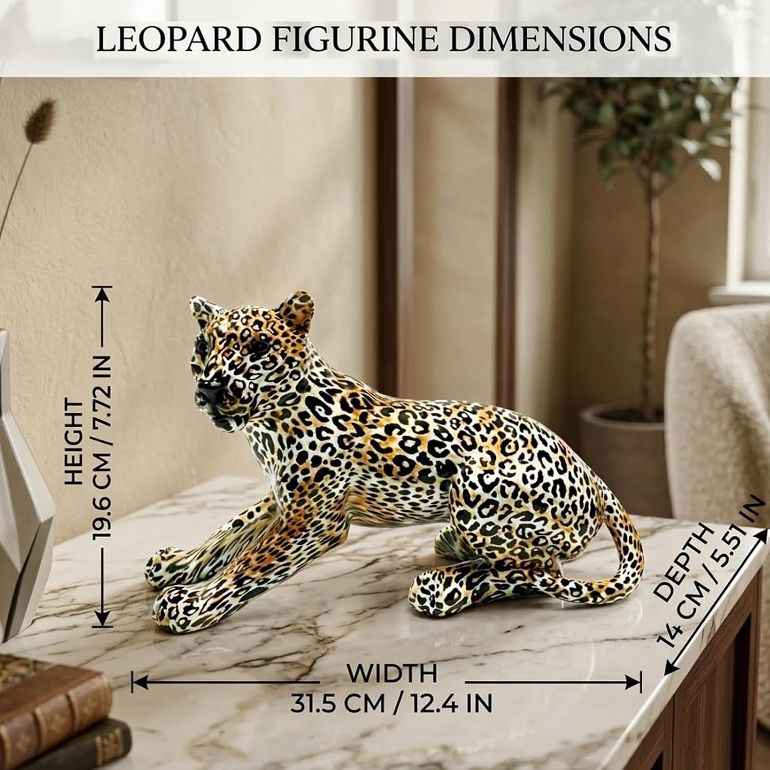 Modern Leopard Statue Home Decor, 12.4" Resin Cheetah Figurine Wild Animal Sculpture for Living Room Bookshelf & Office Desk, Water Transfer Print Safari Art Craft Accent Gift （Yellow）
