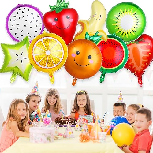 Miniatura 6 de Globos de frutas con cinta y pajita, 18 fotos de globos de papel de aluminio de frutas Tutti Frutti, decoraciones de fiesta de frutas tropicales