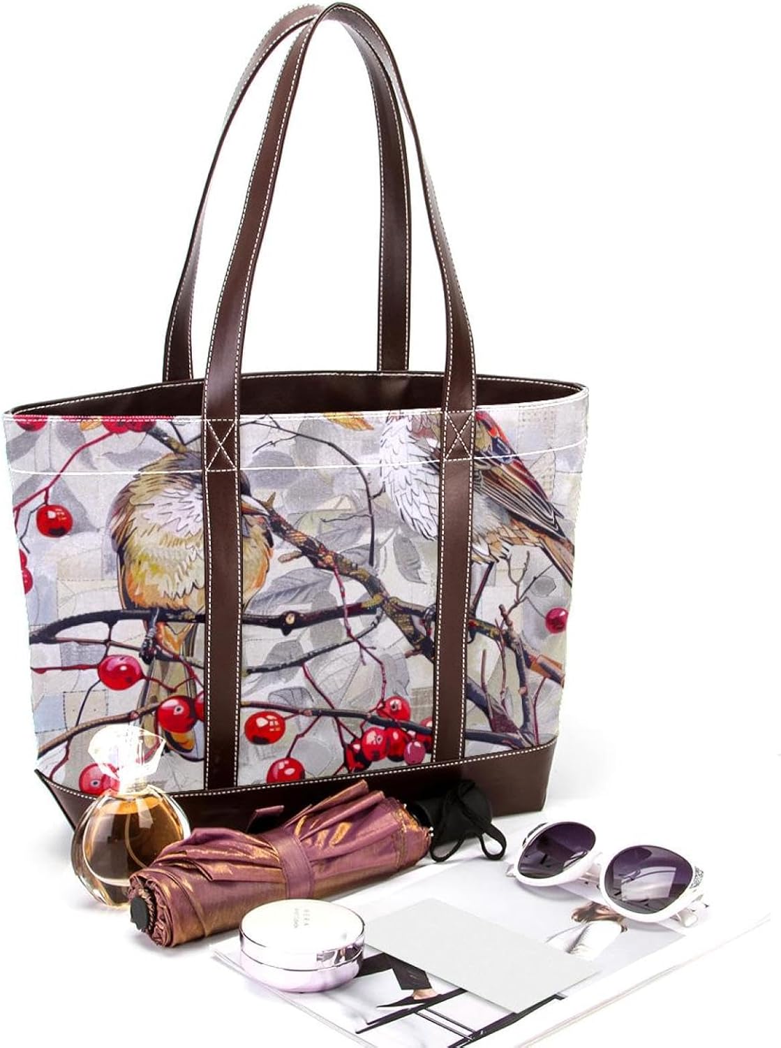 [YTYVAGT] 女性用財布、女性用トートバッグ、女性用ハンドバッグ,水彩の赤い木の葉の鳥