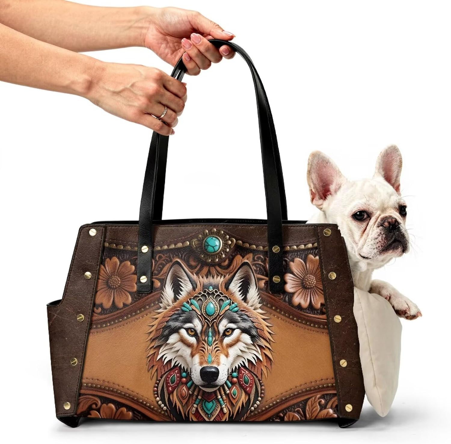 COEQINE Wolf Boho Floral Dog Purse Carrier for Small Dogs 15 Pounds Leather Dog Carriers for Small Dogs Airline Approved Under Seat Beach Tote Bag for Women Waterproof Soft-Sided Carriers