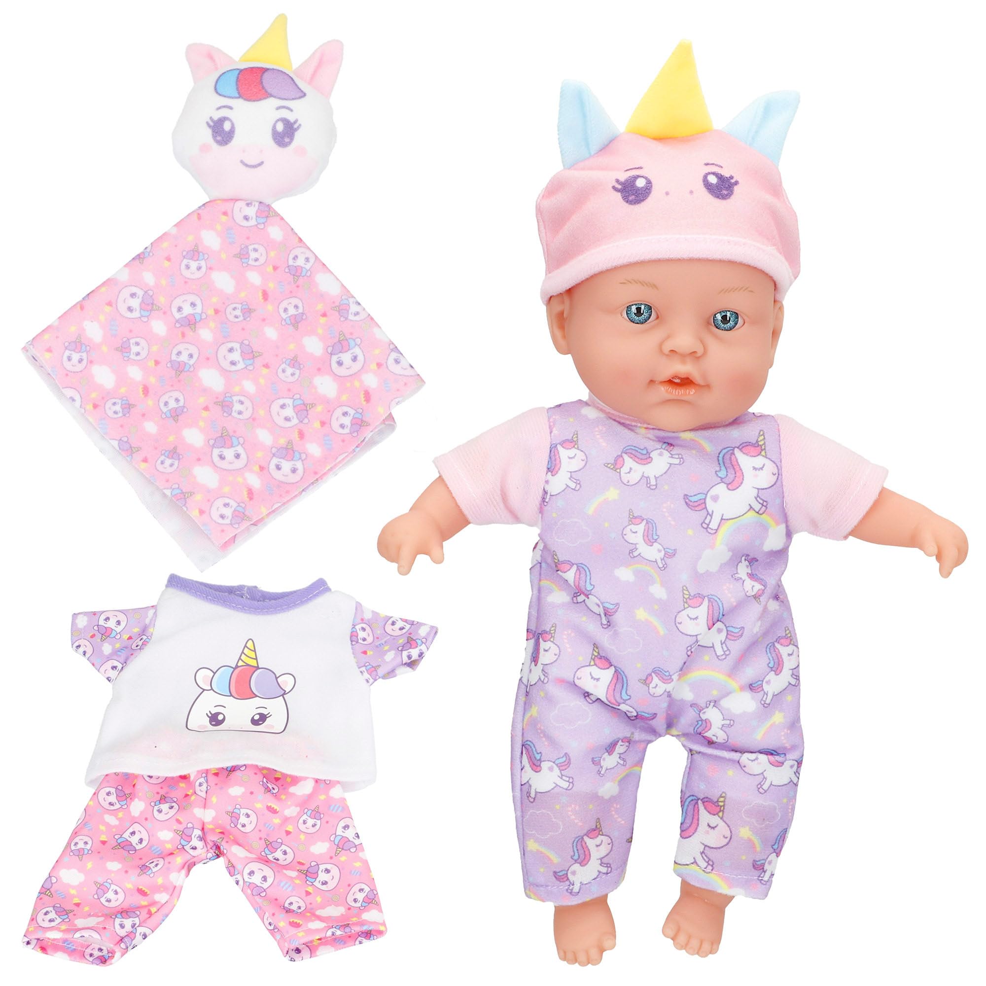 ColorBaby Muñeco bebé, Cuerpo blandito, Mide 32 cm, Ropa y Accesorios de Unicornio, Incluye muda Extra y Muselina con Peluche, Muñecas para niñas, Juguete niña 24 Meses, Juguetes niños 2 años (47782)