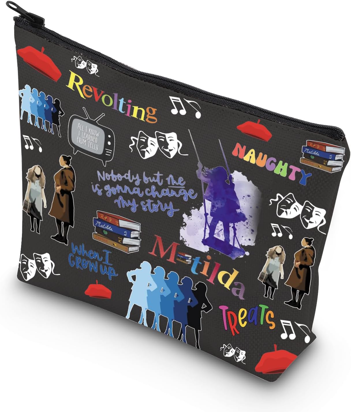 TSOTMO Television Gift Comedy Tragedy Mask Theatre Drama Bag Actress Gifts Zipper Pouch Musical Lover, Beige, Blk-matilda