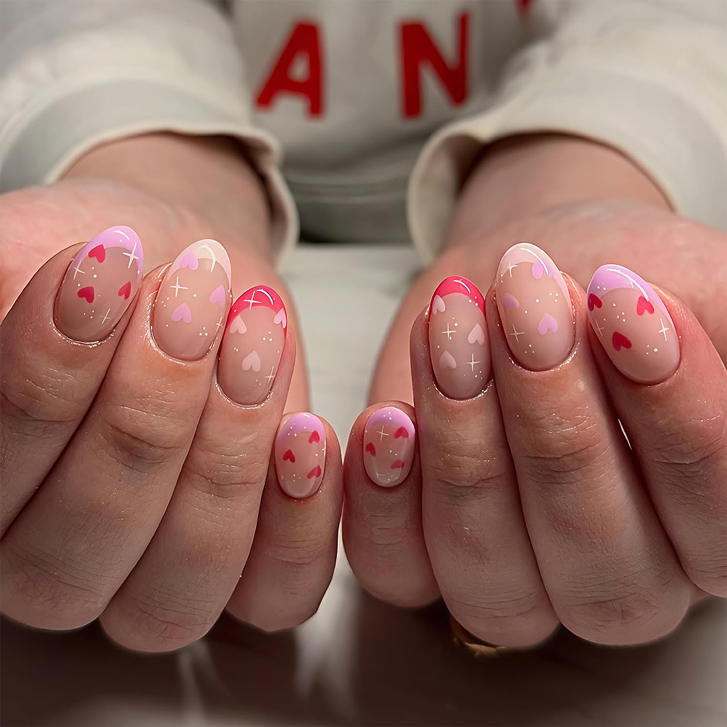French Valentines Day Press on Nails - Colorful Heart Design