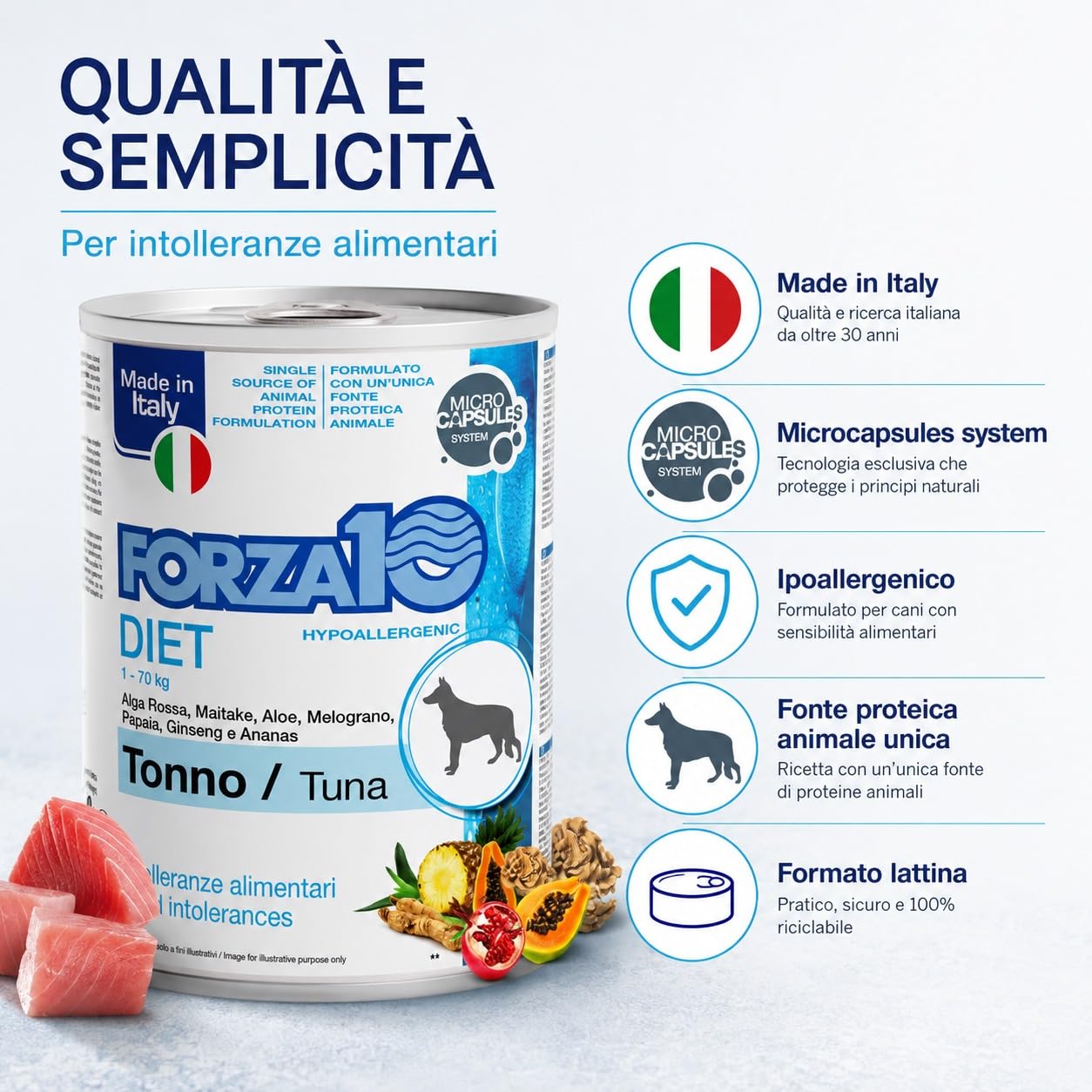 Tonno – Forza10 Diet Cibo Umido per Cani Adulti di tutte le Taglie e Razze, Monoproteico, Intolleranze alimentari 12 Lattine x 400g, Alimento Completo.