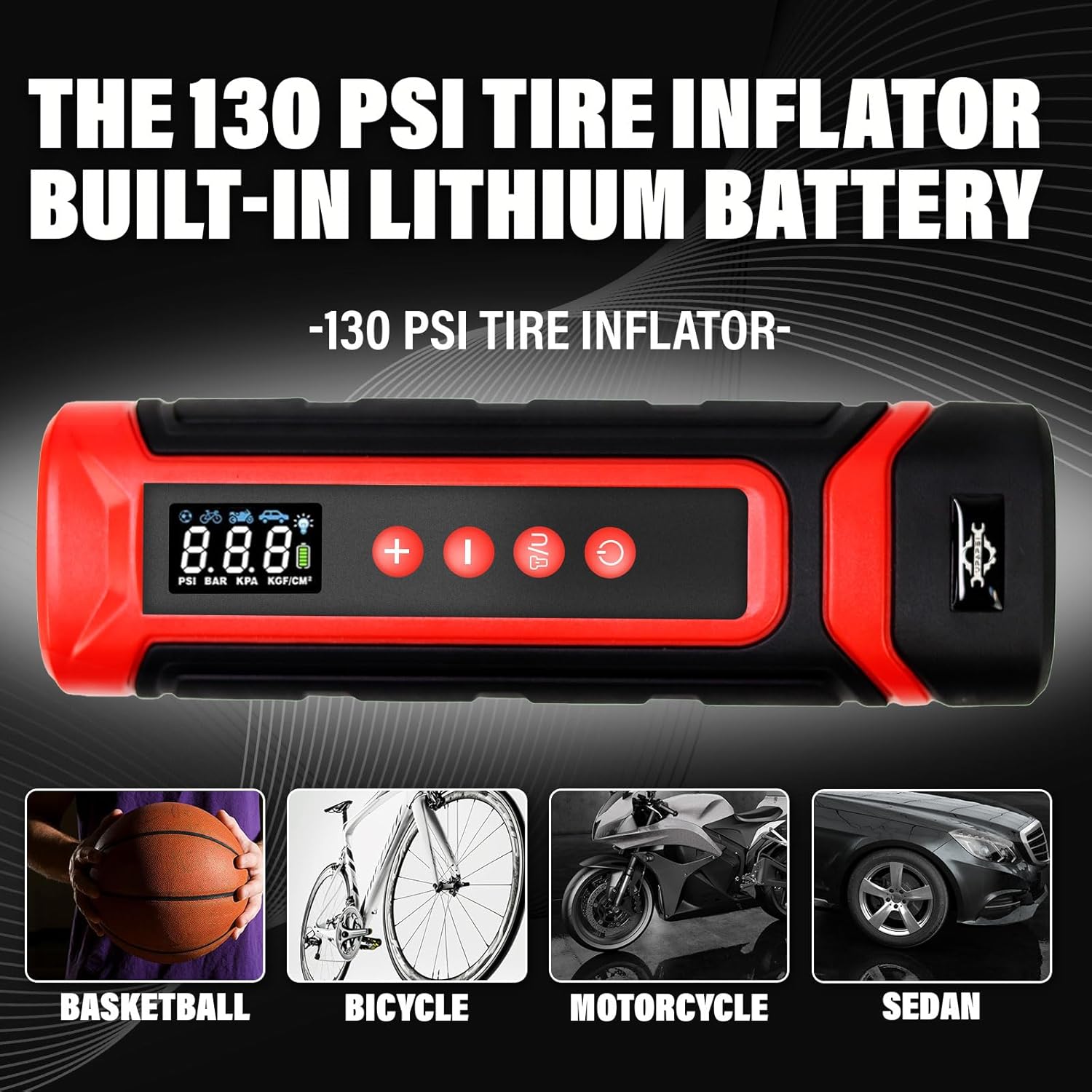 Cordless Tire Inflator Portable Air Compressor Fast Smart Air Pump 5V DC 130PSI 7500mAh Battery with Pressure Gauge/LED Lgiht/LCD Display for Car, Motorcycle, Bike, Motor, Ball