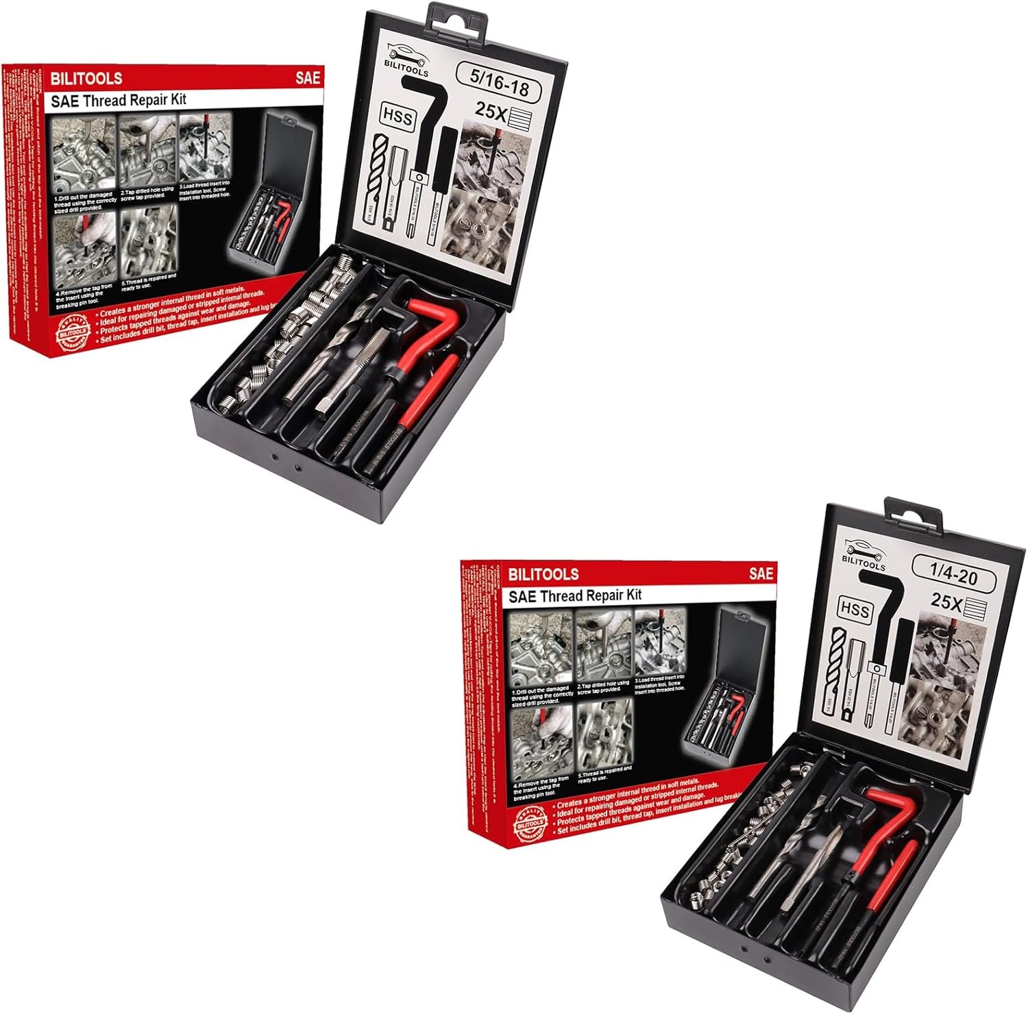 BILITOOLS 5/16-18 inch and 1/4-20 inch Thread Repair Kit, HSS Drill Helicoil Repair Kit SAE