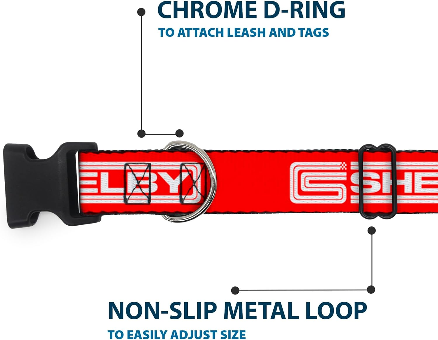 Buckle-Down Dog Collar Plastic Clip Carroll Shelby CS Shelby Racing Logo Block Red White 16 to 23 Inches 1.5 Inch Wide