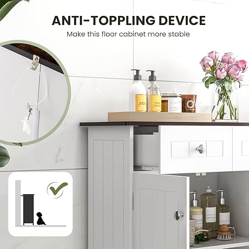 Miniatura 7 de Tangkula Armario de almacenamiento para baño, armario independiente con 2 cajones, 2 puertas, estante ajustable, armario de despensa de cocina de