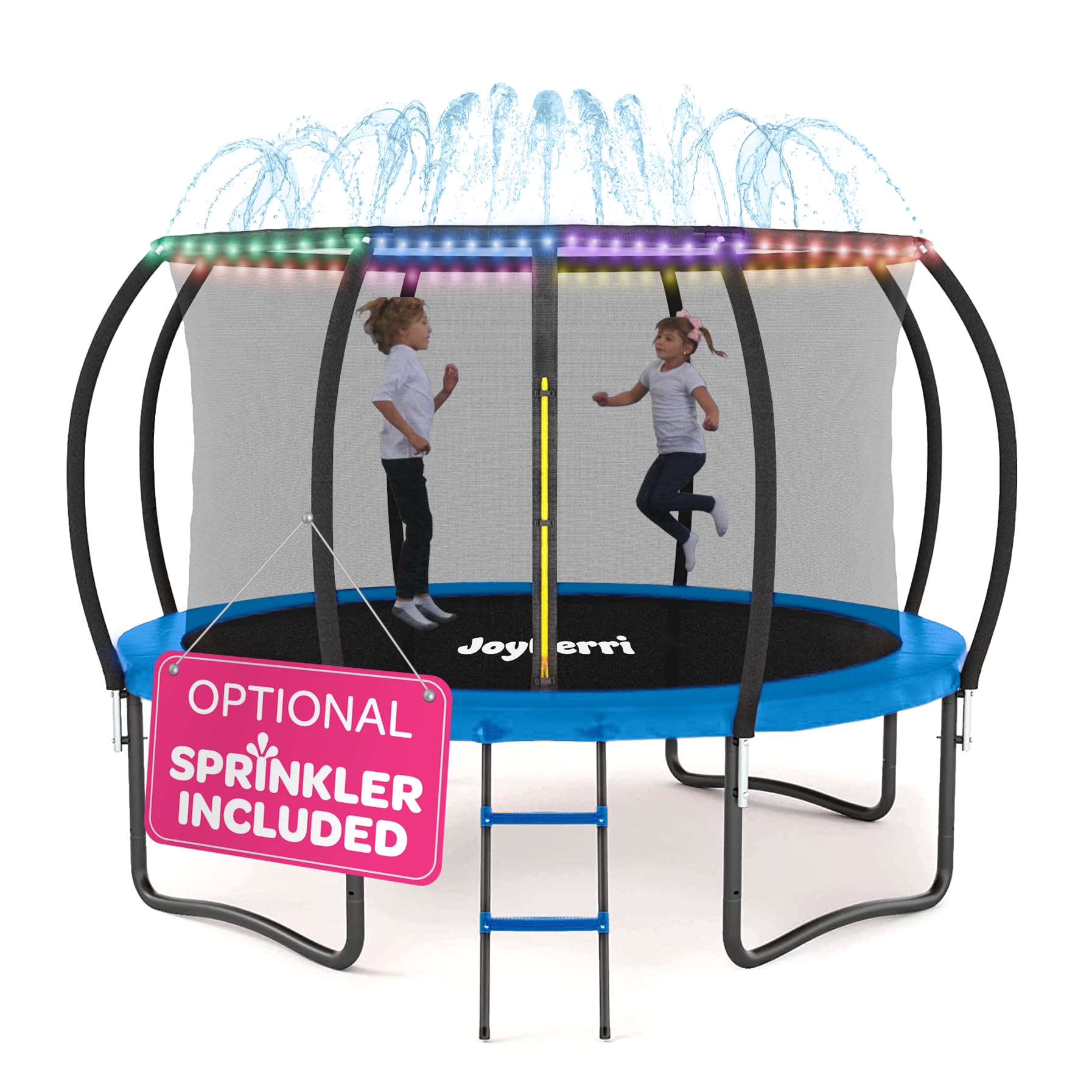 JoyBerri Trampoline for Kids and Adults - 8Ft 10Ft 12Ft 14FT Trampoline with Net - with Bonus Sprinkler and LED Lights/ASTM Certified/Extra Sturdy Recreational Outdoor Trampolines