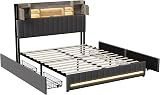 LIVLUX Lit 140x200 avec Sommier LED et USB,Lit Double rembourré avec sommier à Lattes et 4 Tiroirs,Tete de lit avec Rangement,2 Personnes pour Adultes et Adolescents,Lin (Gris, 140 x 200 cm) - 9