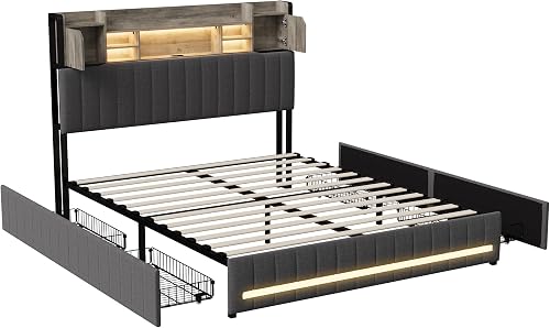 LIVLUX Lit 140x200 avec Sommier LED et USB,Lit Double rembourré avec sommier à Lattes et 4 Tiroirs,Tete de lit avec Rangement,2 Personnes pour Adultes et Adolescents,Lin (Gris, 140 x 200 cm) - 9