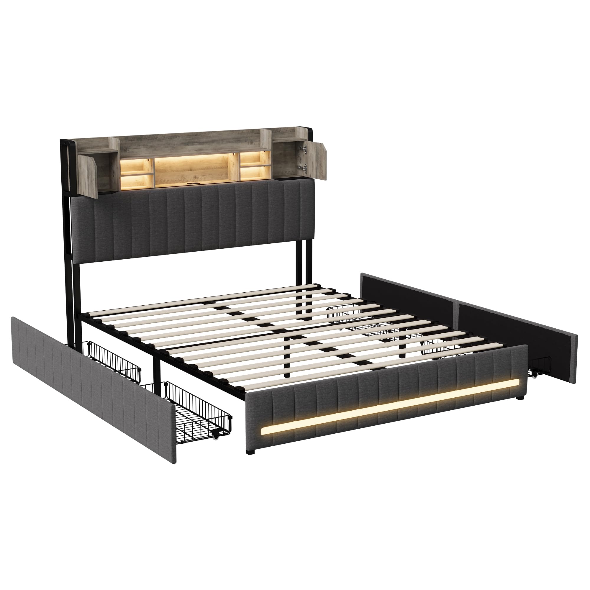LIVLUX Letto 160 x 200 con Sommier LED e USB, Letto Matrimoniale Imbottito con Sommier a Doghe e 4 Cassetti, Testiera con Spazio di Archiviazione, 2 Posti per Adulti e Adolescenti, Lino (Grigio, 160 x