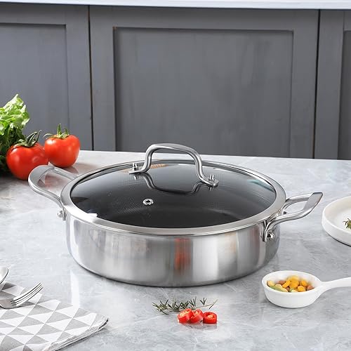 Miniatura 5 de Sartén Saltear de Acero Inoxidable de Tres Capas de 7 Cuartos, Sartén Antiadherente de 12 Pulgadas con Tapas, Utensilios de Cocina de Calor Rápido y