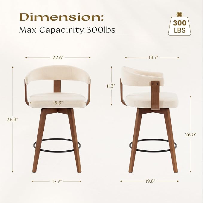 Set de 4 bancos giratorios de madera 26” con respaldo Curvo miniatura 2