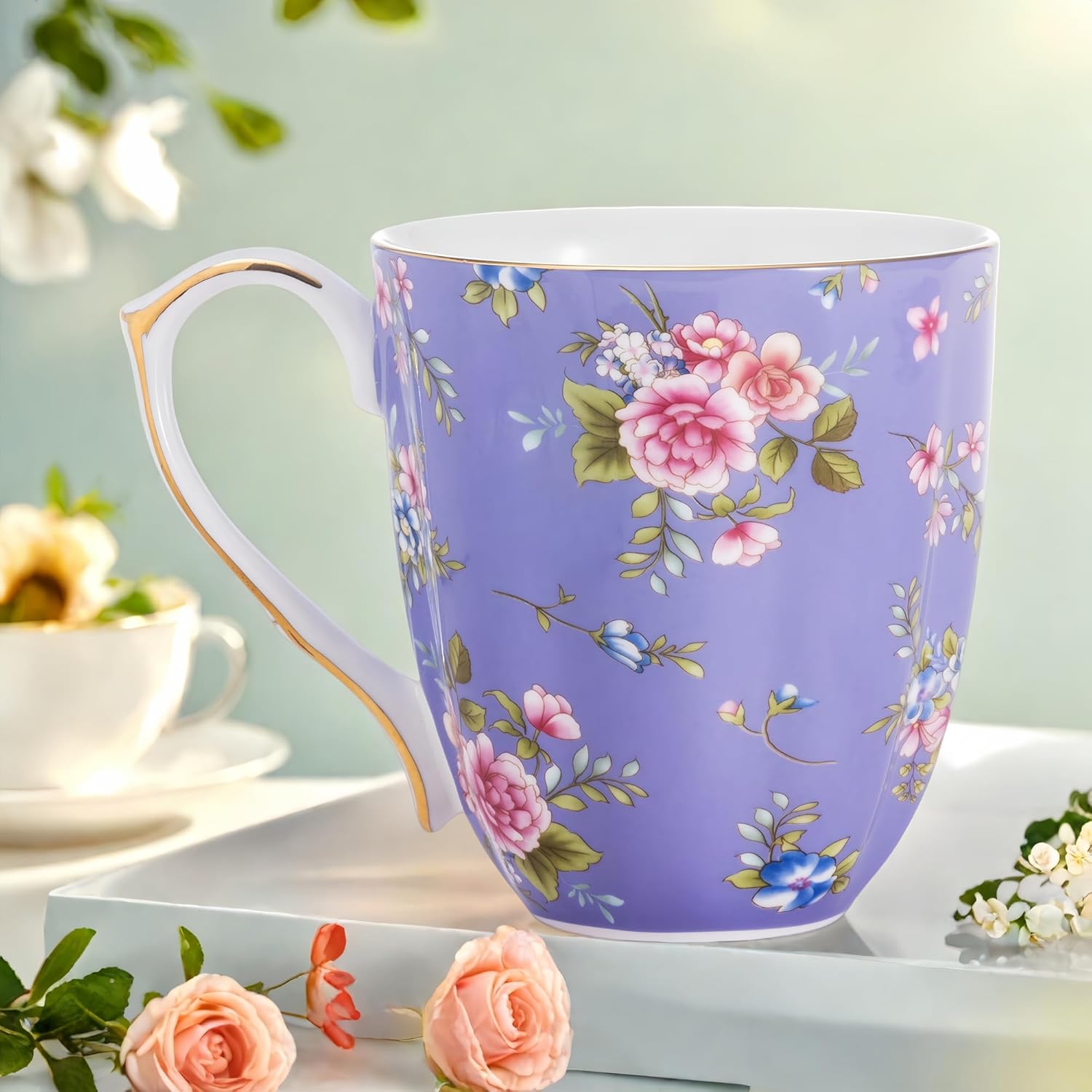 13oz Bone China Floral Mug with Gold Bone China Coffee Mugs Bone Teacup Christmas Mugs Birthday Gifts for Women Mom Friends Coworker - Image 3