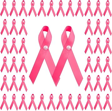 100 Pcs Deep Pink Ribbons with Pearl, Breast Cancer Awareness Ribbon Pins Pink Ribbon Brooch with Safety Pins for Decoration Party Event Supplies