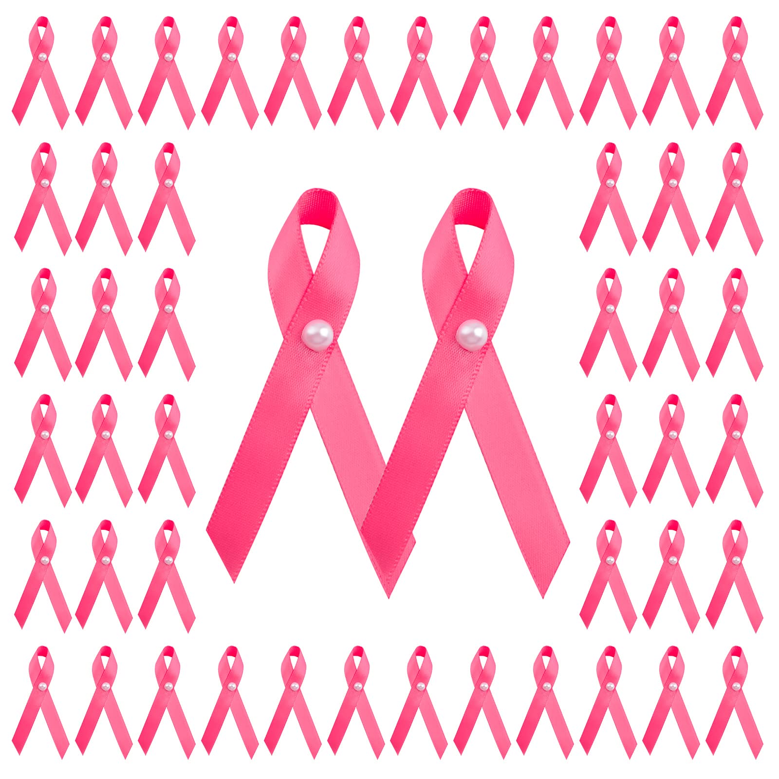 CRAFFANCY 100 Pcs Deep Pink Ribbons with Pearl, Breast Cancer Awareness Ribbon Pins Pink Ribbon Brooch with Safety Pins for Decoration Party Event Supplies