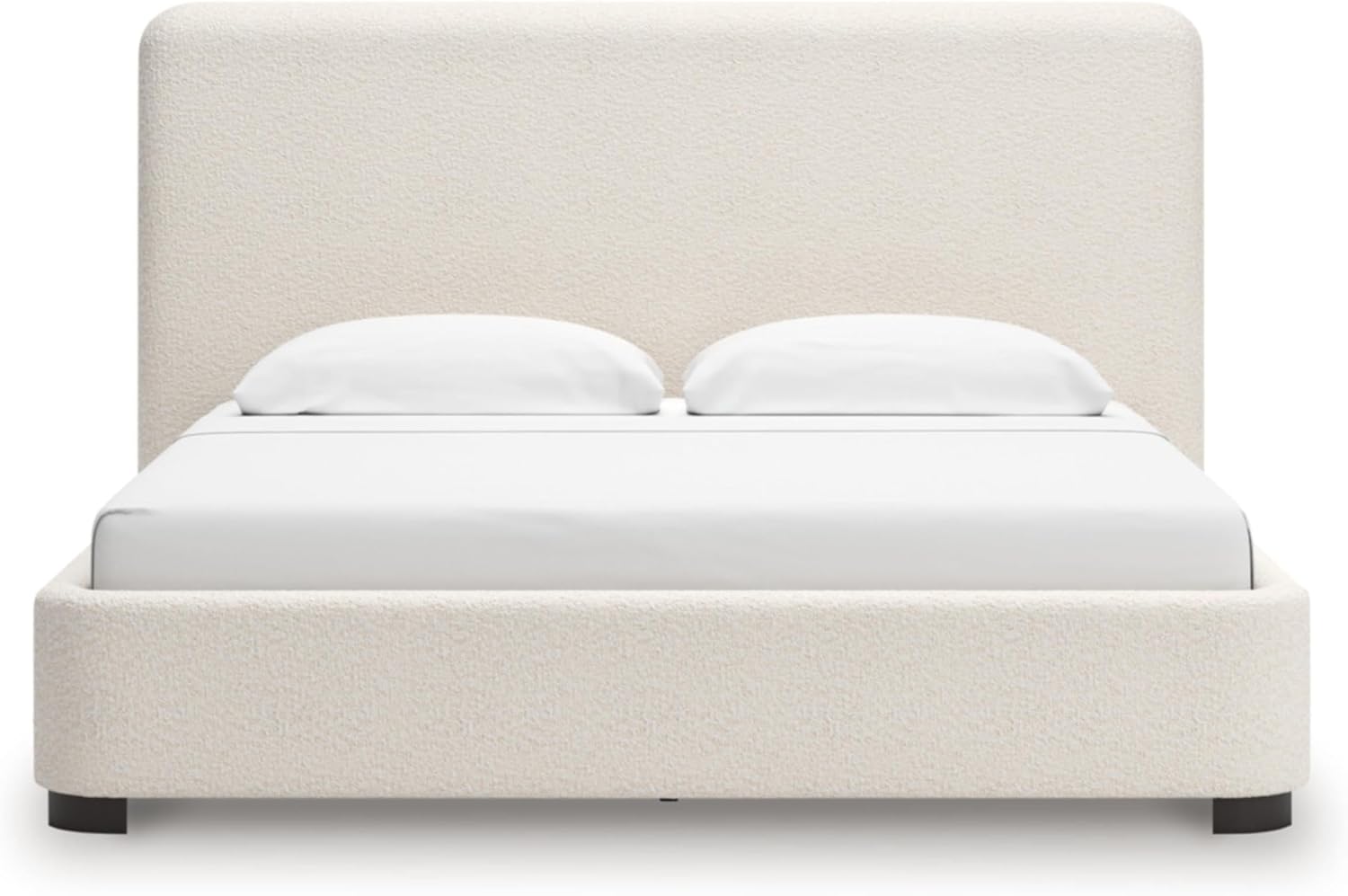 BOWERY HILL King Upholstered Bed, Beige Next-Gen Nuvella Fabric, Engineered Wood Frame, Cushioned Wing Headboard, Sturdy Slat Support, Contemporary Style, Bedroom Furniture