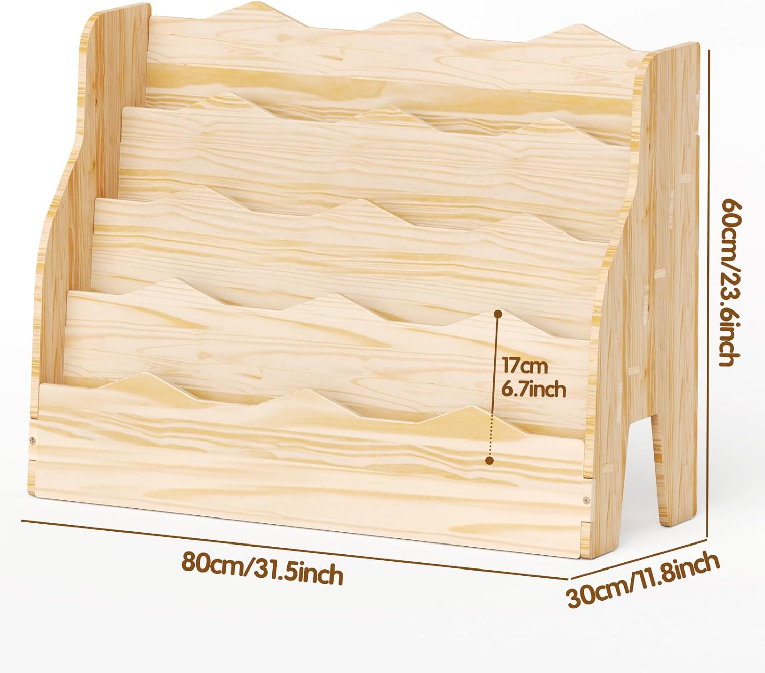 4-Tier Kids Bookshelf, Wooden Scalloped Toddler Bookshelf, Montessori Book Shelf for Kids Rooms, Front Facing Nursery Bookcase for Bedroom,Classroom,23.6" Kids Storage Organizer for Books Display