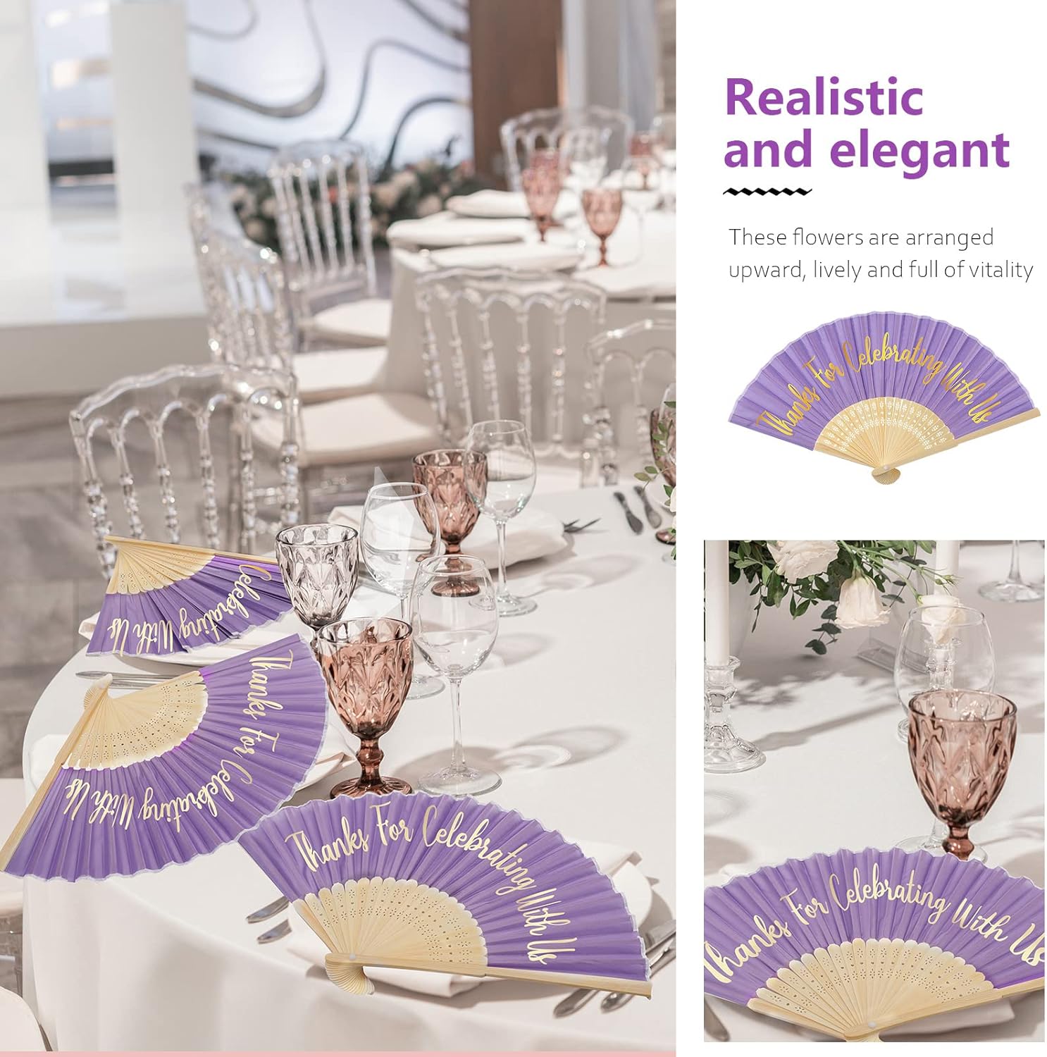 Jetec 50 Pcs Purple Silk Hand Fans Bulk Wedding Fans for Guests Handheld Folded Thanks for Celebrating with Us Wedding Favors for Bridal Bridesmaid Baby Shower Dancing Party Church Gift