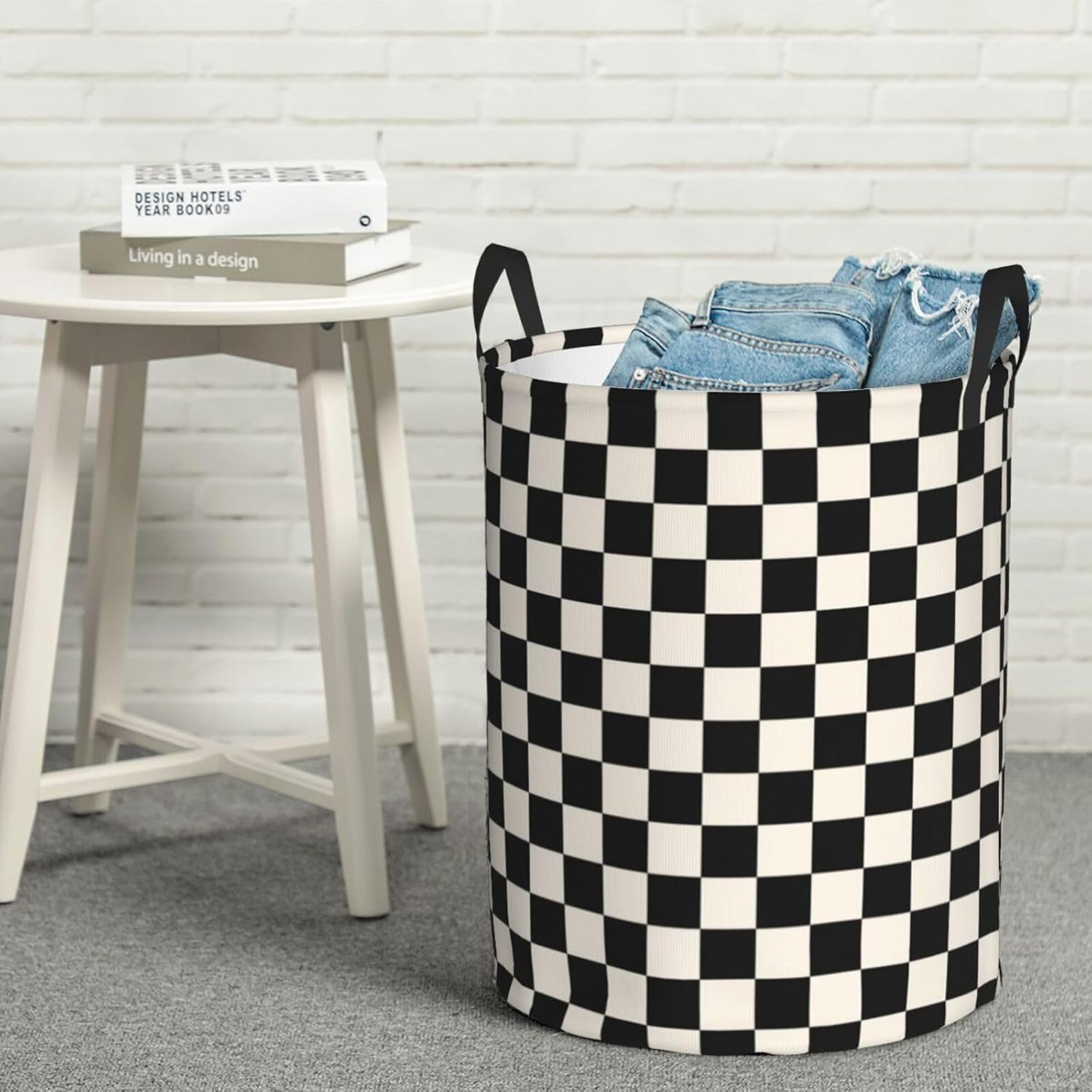 Black Checkered Large Laundry Basket,Collapsible Laundry Hamper With Handle Checkered Room Decor,Round Waterproof Dirty Clothes Hamper Toy Organizer Storage Basket Gift for Home Bedroom Bathroom Decor