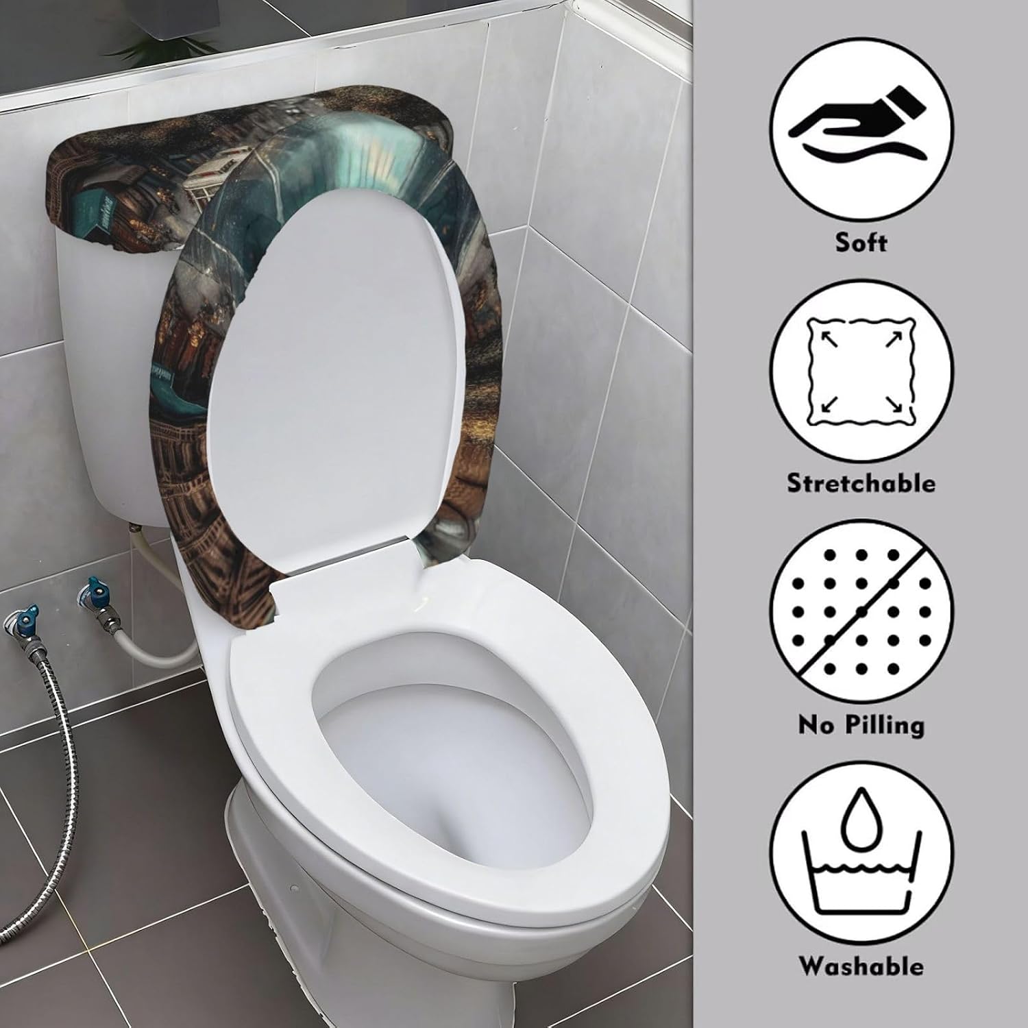 Large City Street Toilet Tank Cover And Toilet Lid Cover Set Stretch Bathroom Toilet Lid Seat Cover