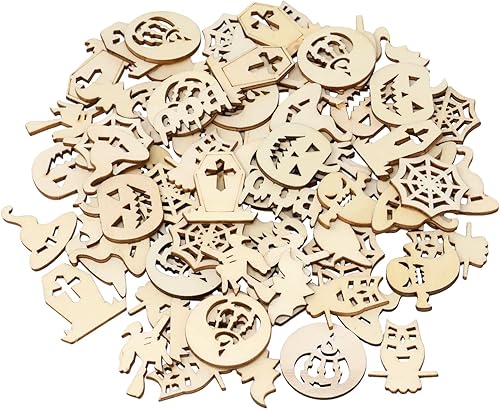 yueton 100 piezas de mini calabazas, fantasmas, telarañas, sombreros de bruja, murciélagos, Halloween, piezas de madera en blanco sin terminar,