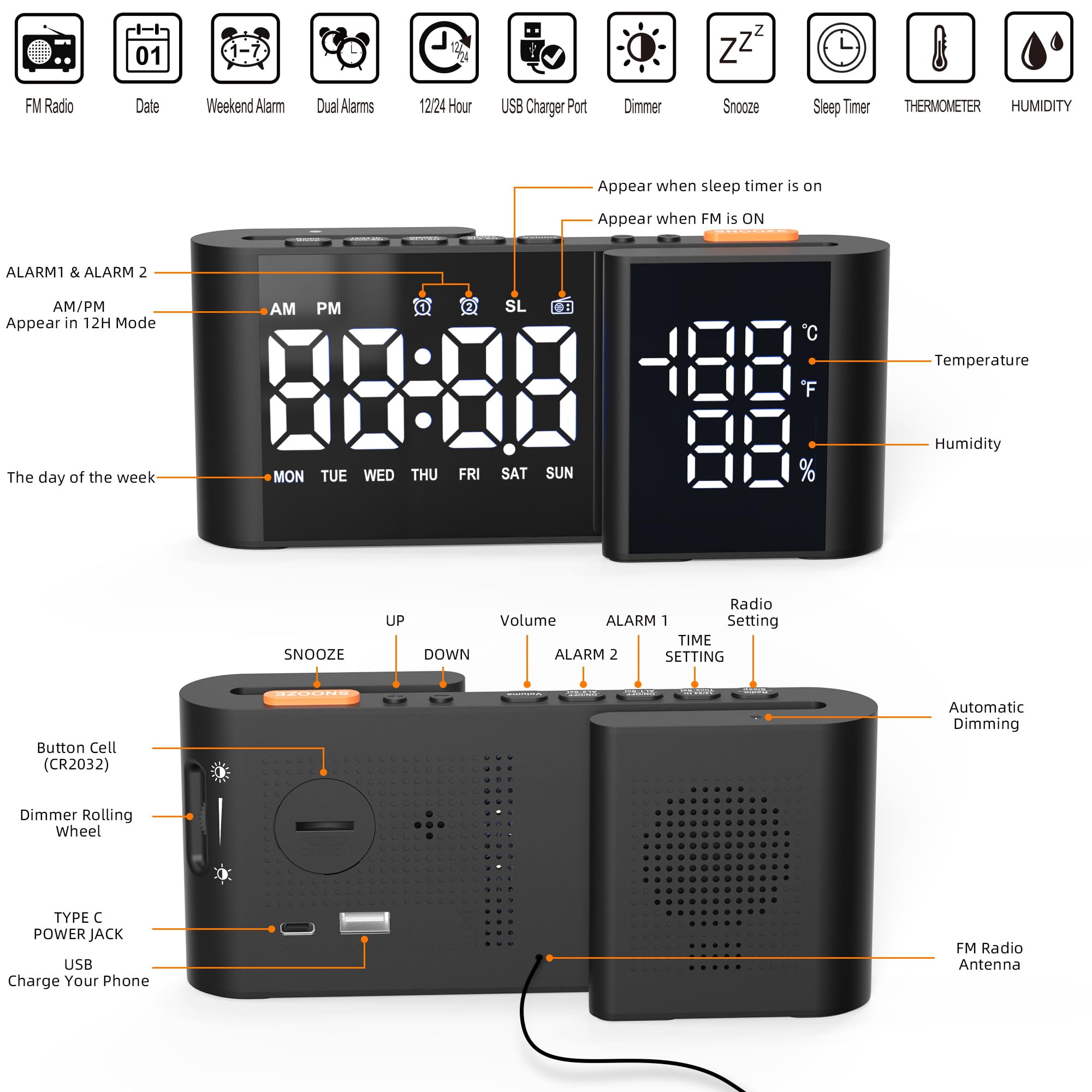 Réveil Numérique Horloge Radio avec Affichage Température et de l'humidité 15 Niveaux Volume Luminosité Réglable Noir-Blanc