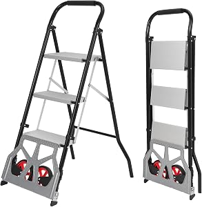 3-in-1 Aluminum Hand Truck & Step Ladder, 220 Lbs Capacity Folding Dolly Cart with Wheels, Convertible Trolley for Material Handling and Climbing in Warehouse, Home, Supermarket