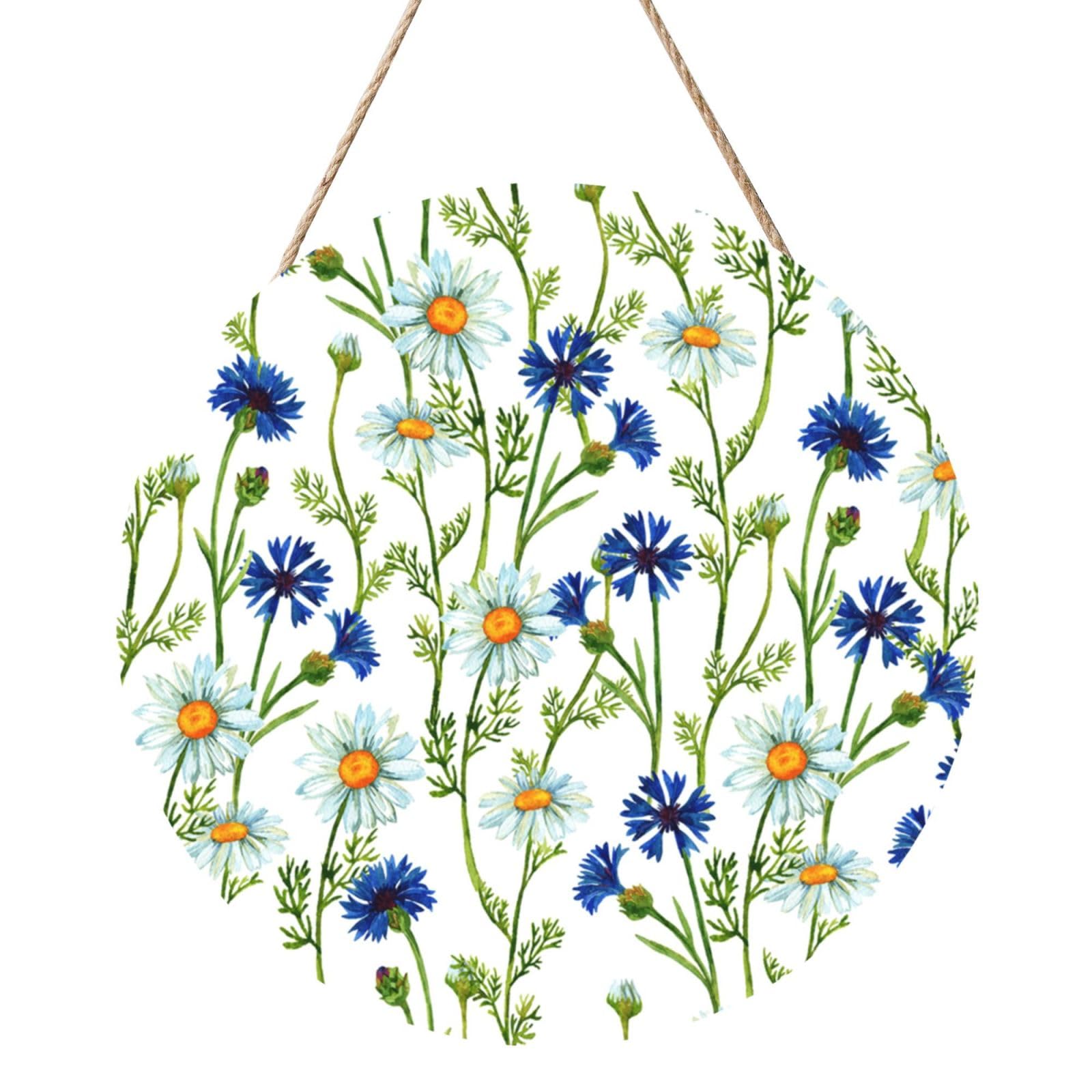 InOmak Watercolor Chamomiles Cornflowers, Round Wood Panel Painting 12 in, Wall Hanging Painting For Home