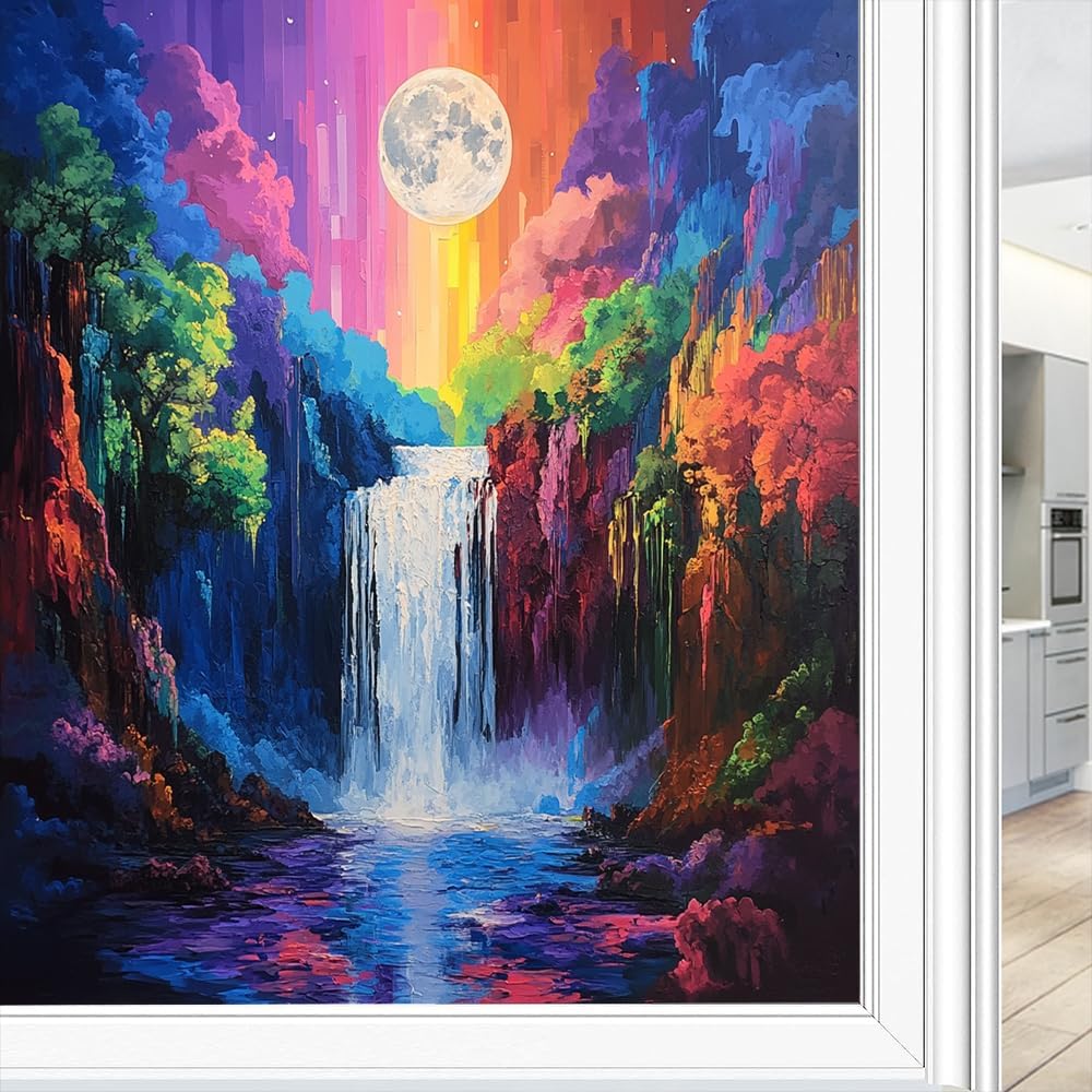 Colorful Abstract Waterfall Window Film Privacy Watercolor Graffiti Landscape Decorative Stained Glass Decal for Home, Adhesive Window Sticker 35.4Wx63L inch