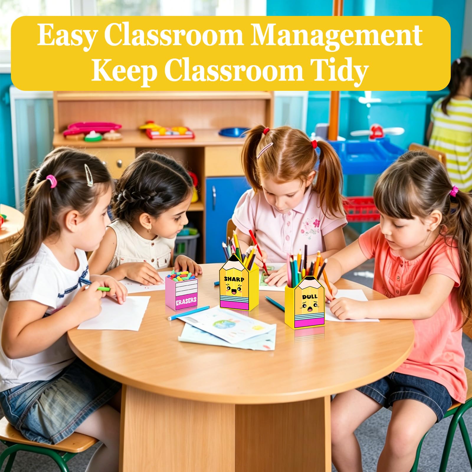 No requiere montaje, 3 portalápices de madera con forma de lápiz afilado y opaco con cubo de goma de borrar para profesores de aula, vuelta a la escuela