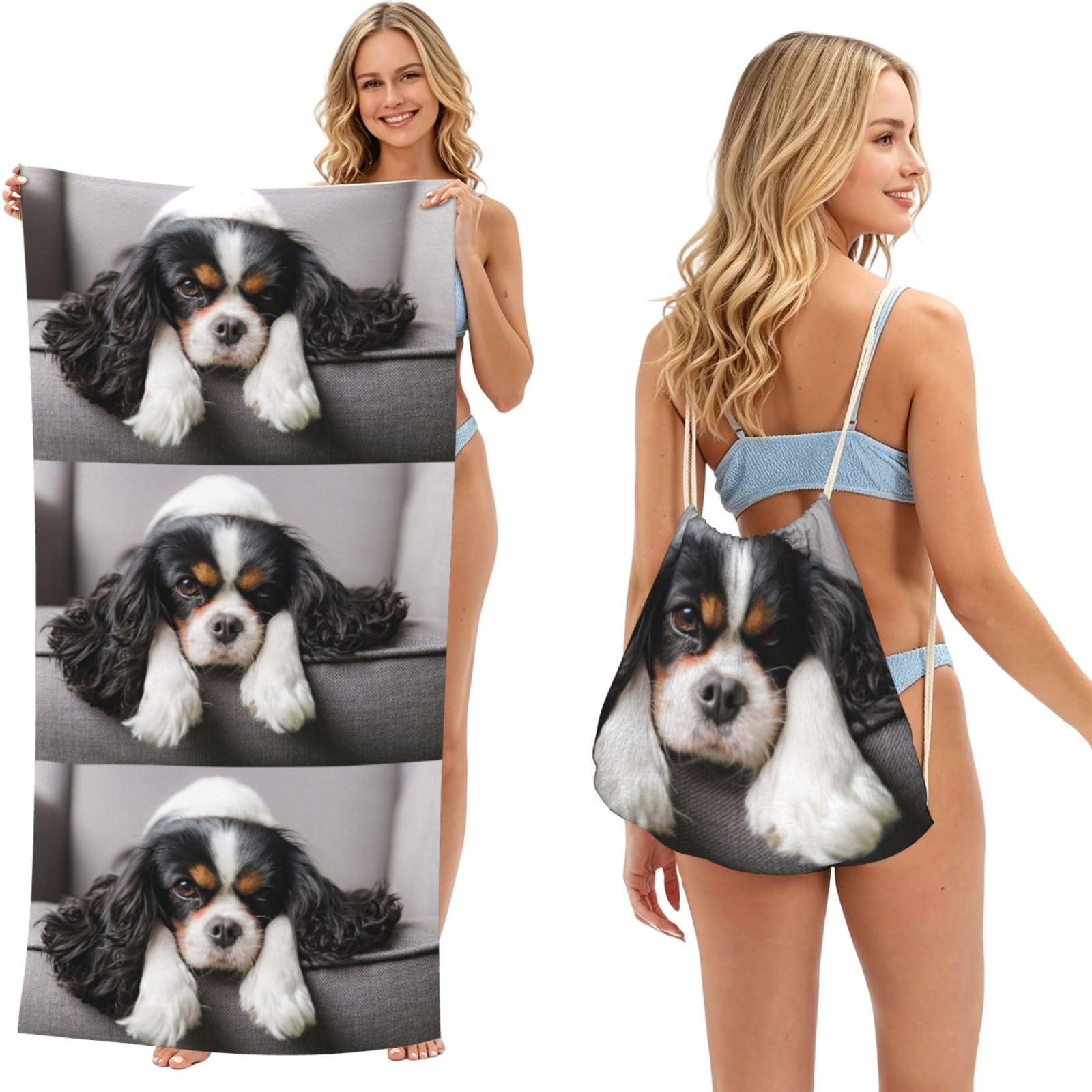 Poadnly As Picture Cavalier King Charles Spaniel Dog, 2 In 1 Packable Towel Bag, Beach Towels With Drawstring Backpack For Travel Holiday Camping