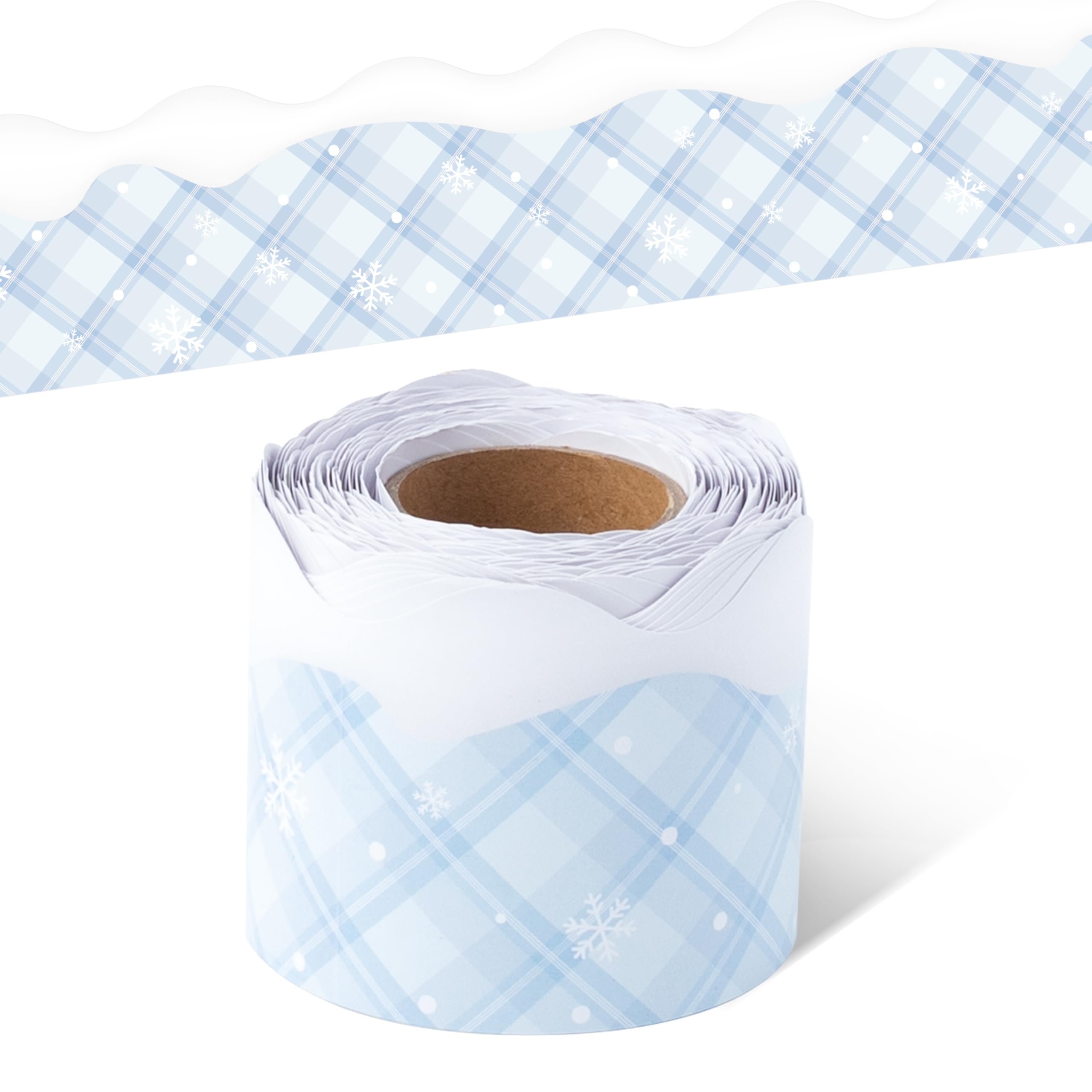 BeYumi Winter Snowflake Border Trim - 65ft Winter Christmas Sage Blue Snowflake Plaid Scalloped Rolled Border Trim Checkered Bulletin Board Borders School Classroom Office Chalkboard Door Decoration