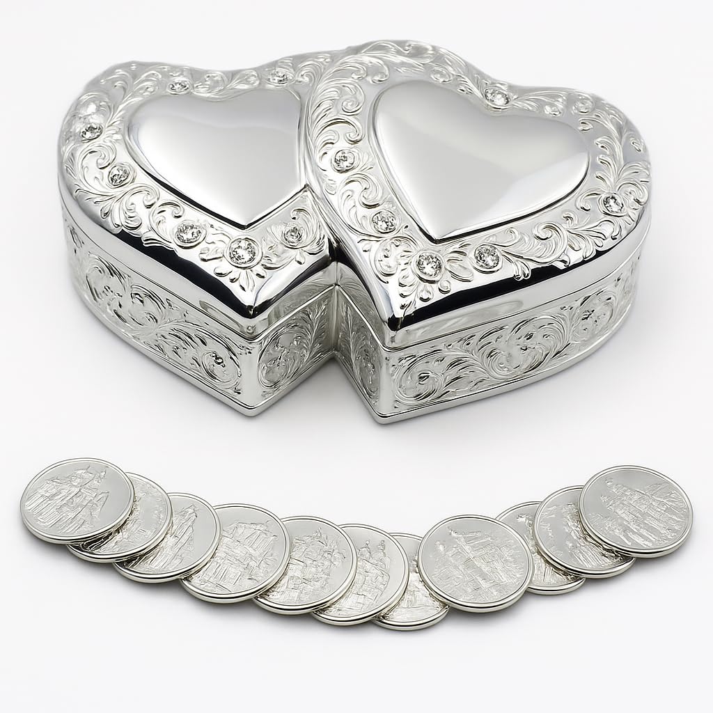 Joice Elegant Silver Double Heart Wedding Arras with 13 Coins Set, Arras de Boda SDH01