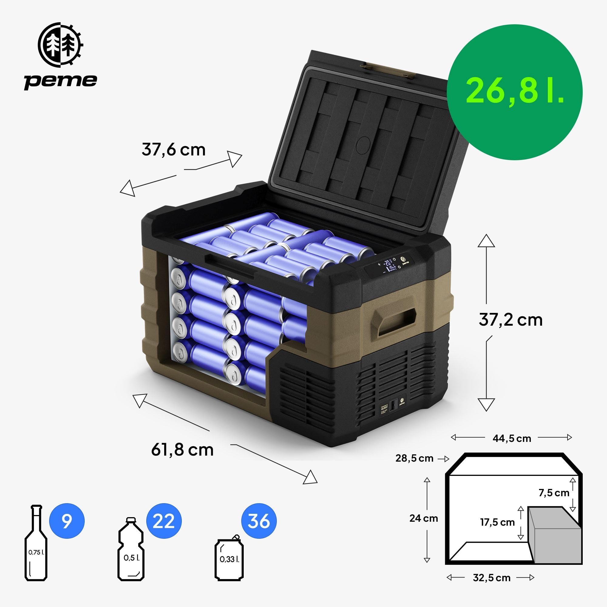 peme Nevera Compresor Portátil Eléctrica Refrigerador Coche Frigorífico para Camping Viaje Auto 12 24 v con Enchufe Silenciosa Portatil Congelador Frigorifico Camper Frigobar 26,8L - Quest