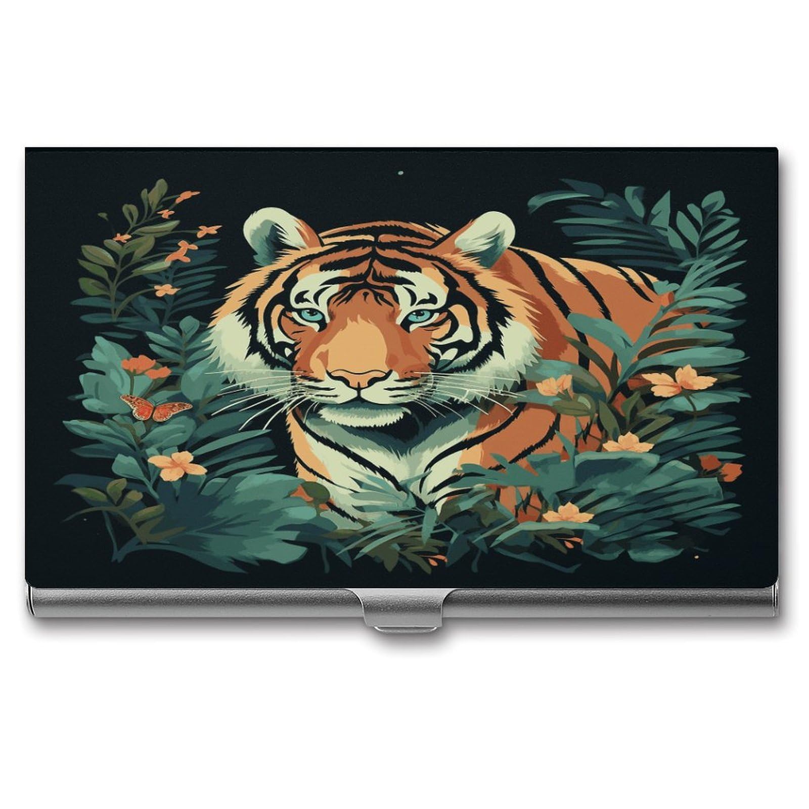 JTREHY Butterfly And Tiger Business Card Holder Slim Purse Name Card Holder Portable Metal Business Card Case Wallet Large Capacity Lightweight Business Card Case for Men Women