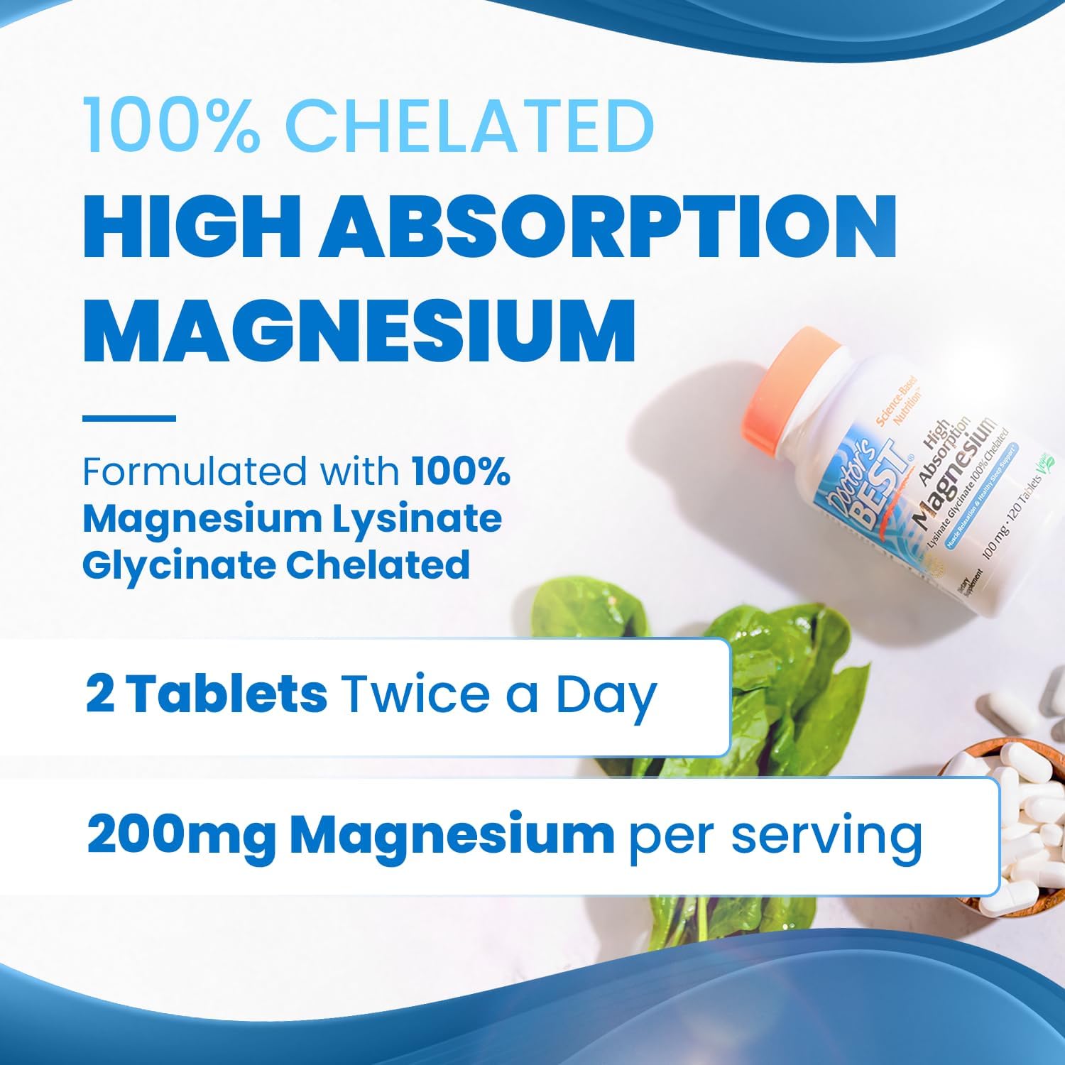 Doctor's Best High Absorption Magnesium Glycinate Lysinate, 100% Chelated, TRACCS, Not Buffered, Non-GMO, Vegan, Gluten & Soy Free, 100 mg, 120 Tablets (Packaging May Vary)
