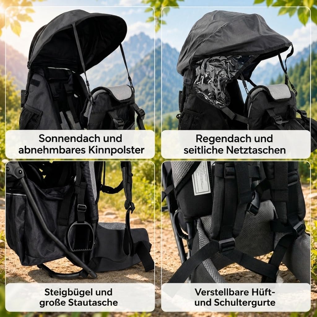 Lil' Boss Kinder Rückentrage Wandern, FASports Kindertrage 20kg bis 25kg, ergonomische Kindertrage Rucksack mit Regen- und Sonnendach, Kinderkraxe Kleinkind Schwarz-Grau, 50 x 38 x 90 cm