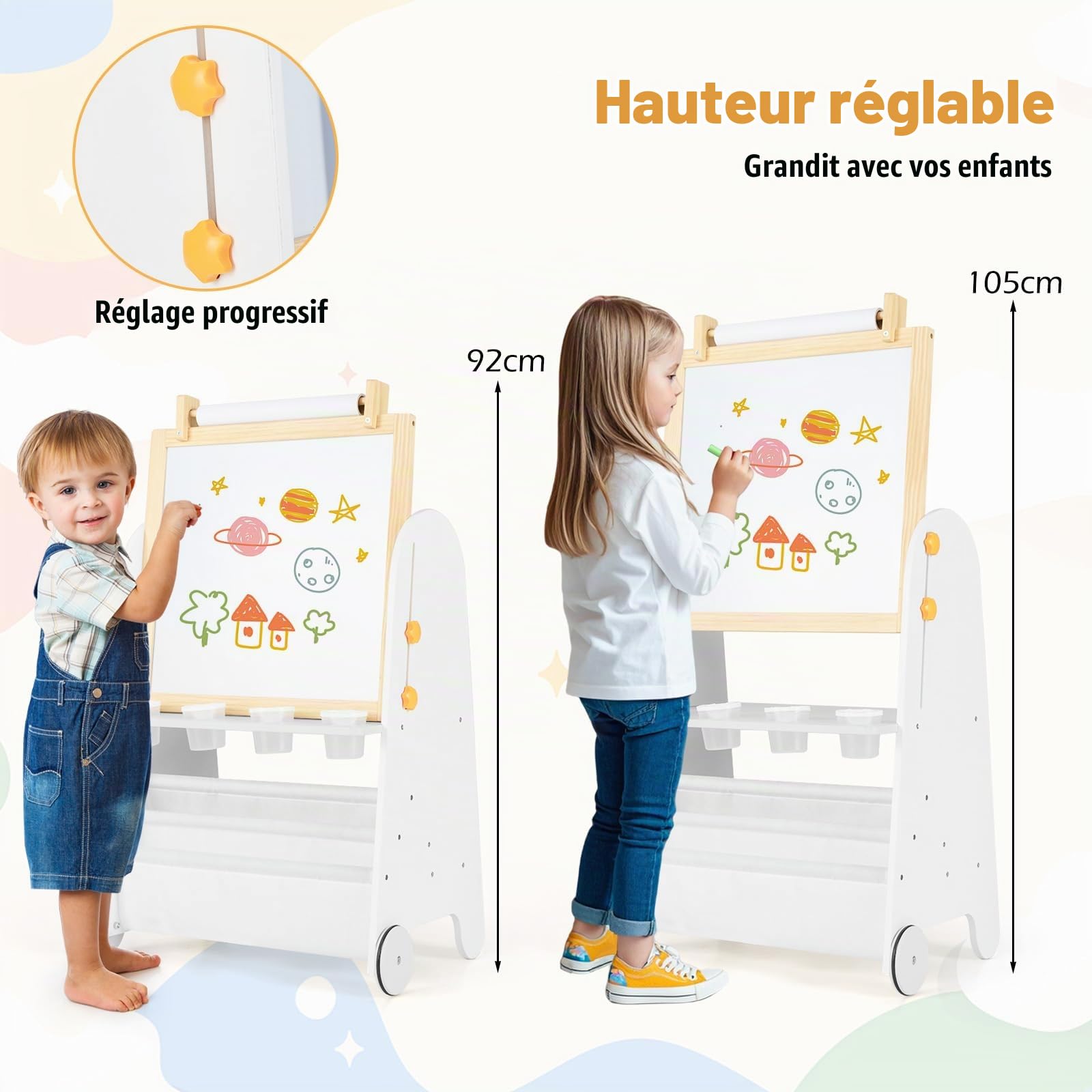 GOPLUS Table Enfant avec Chaise, 4 en 1 Tableau Enfant Double Face Amovible et Hauteur Réglable, avec Plateau Magnétique, Rouleau de Papier, Bibliothèque, Table à Dessin pour 3+ Ans