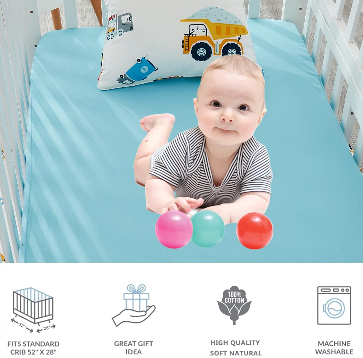 Brandream Truck Construction Vehicle Boys Crib Bedding Sets for Baby Car Nursery Comforter Set 6 Pieces 100% Cotton,Blue White Breathable Soft