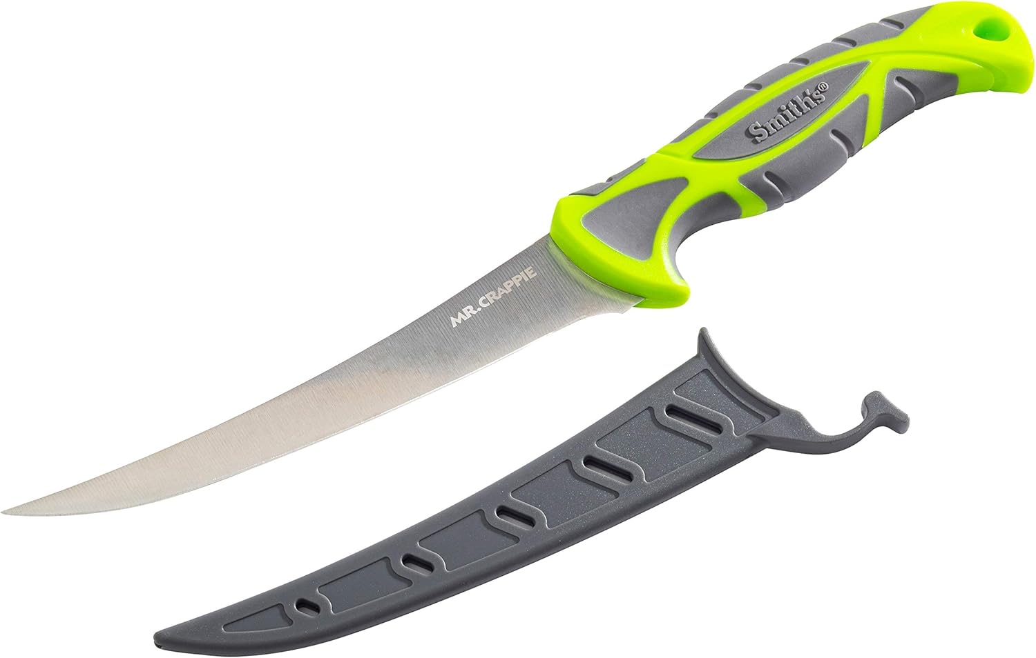 Smith's 51208 Mr. Crappie 6-Inch Curved Slab-Sticker Fillet Knife – Green – Stainless Steel Blade – TPE Soft Grip Handle – Durable Plastic Sheath – Lanyard Hole